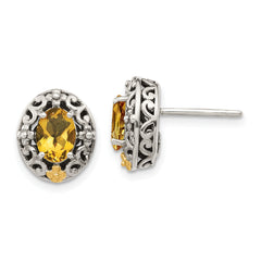 Shey Couture Sterling Silver with 14K Accent Antiqued Oval Citrine Post Earrings