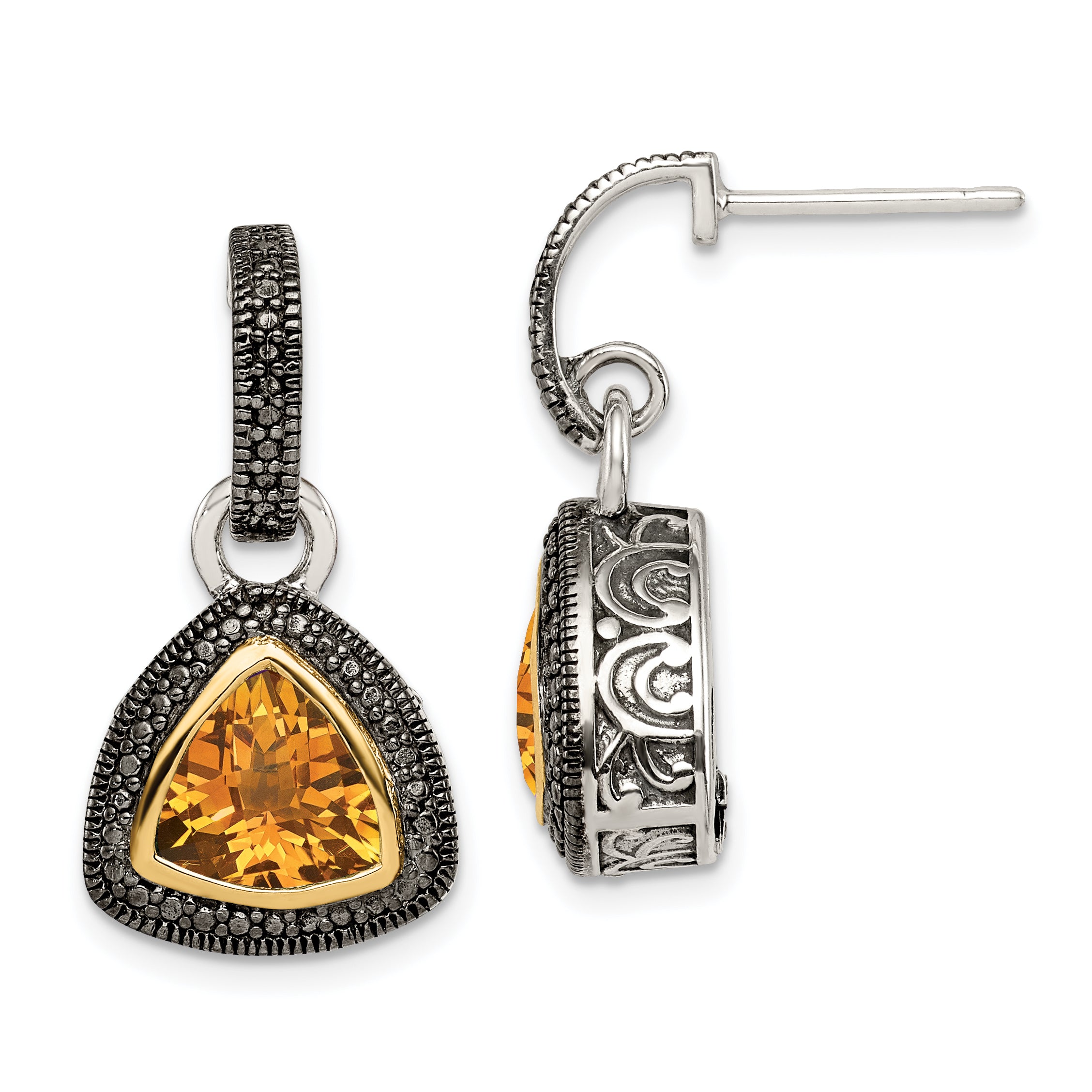 Shey Couture Sterling Silver with 14K Accent Antiqued Trillion Bezel Citrine Dangle Earrings Main image