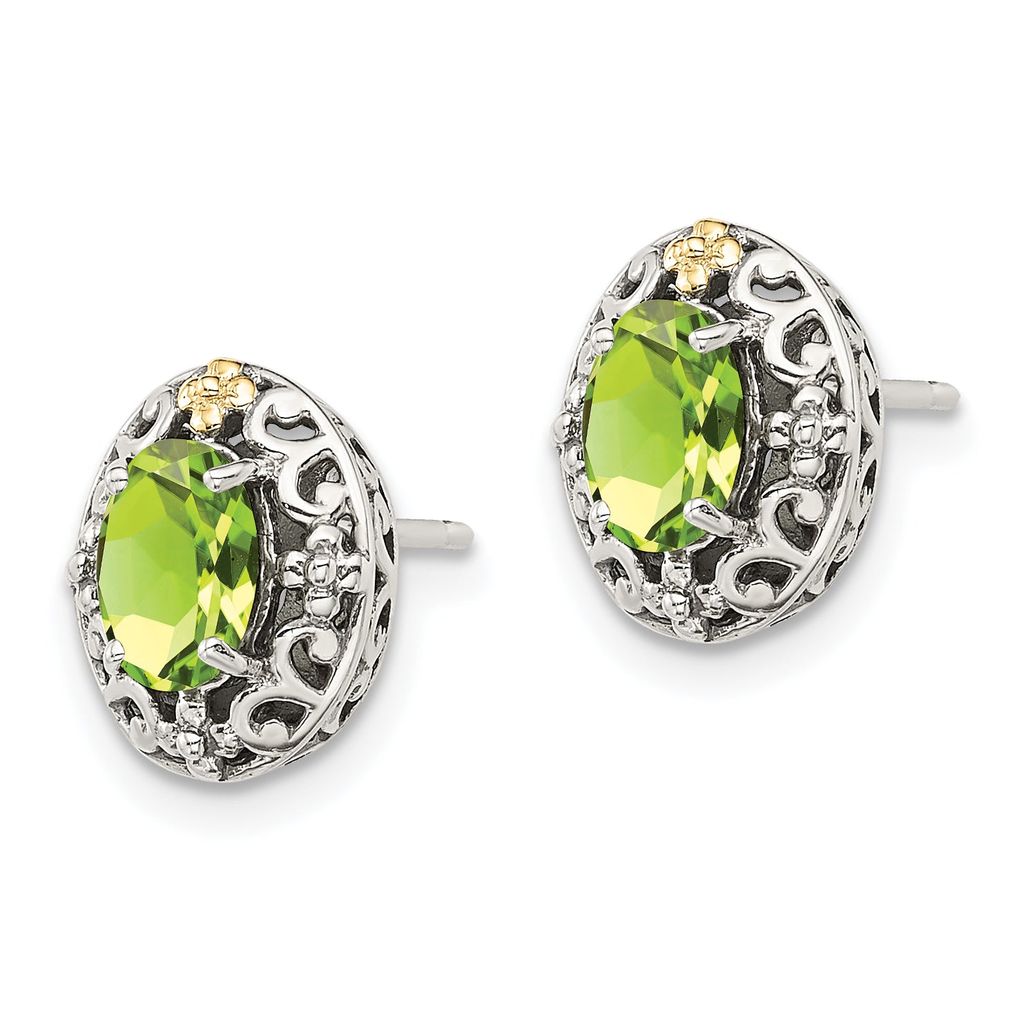 Shey Couture Sterling Silver with 14K Accent Antiqued Oval Peridot Post Earrings