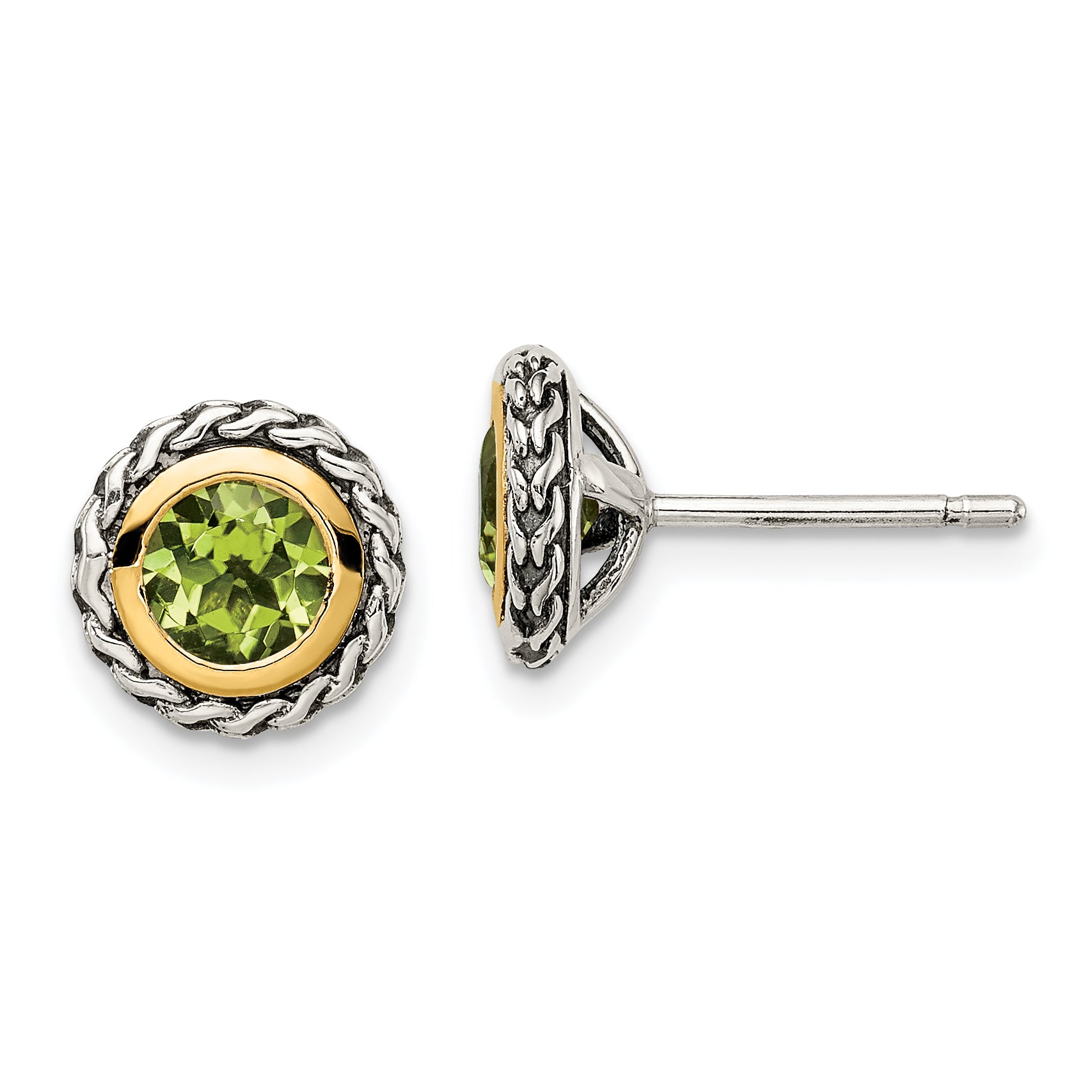 Shey Couture Sterling Silver with 14K Accent Antiqued Round Bezel Peridot Post Earrings Main image