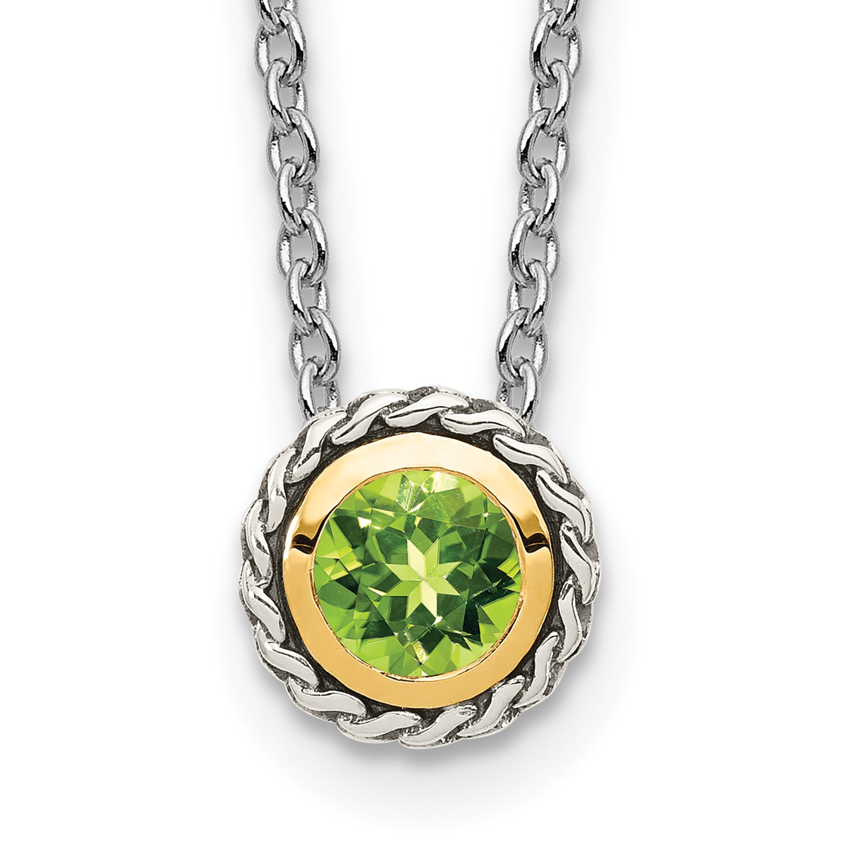 Shey Couture Sterling Silver with 14K Accent 18 Inch Antiqued Round Bezel Peridot Necklace