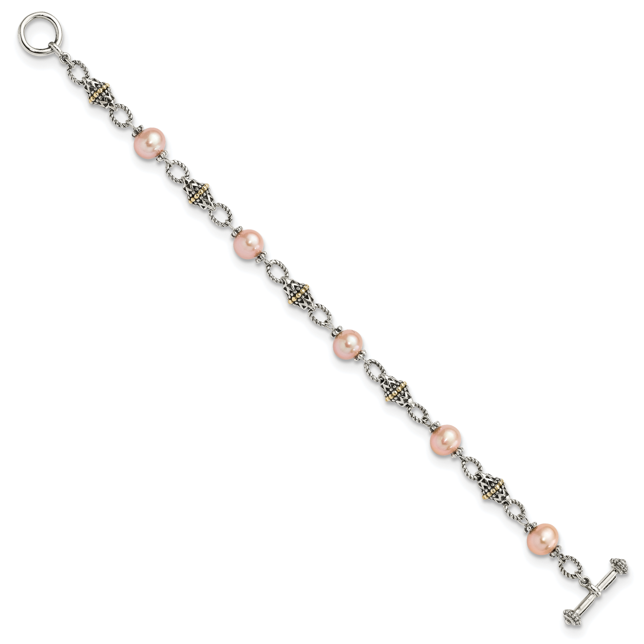 Shey Couture Sterling Silver with 14K Accent 7.5 Inch Antiqued 9-10mm Freshwater Cultured Pink Pearl Bracelet Secondary image