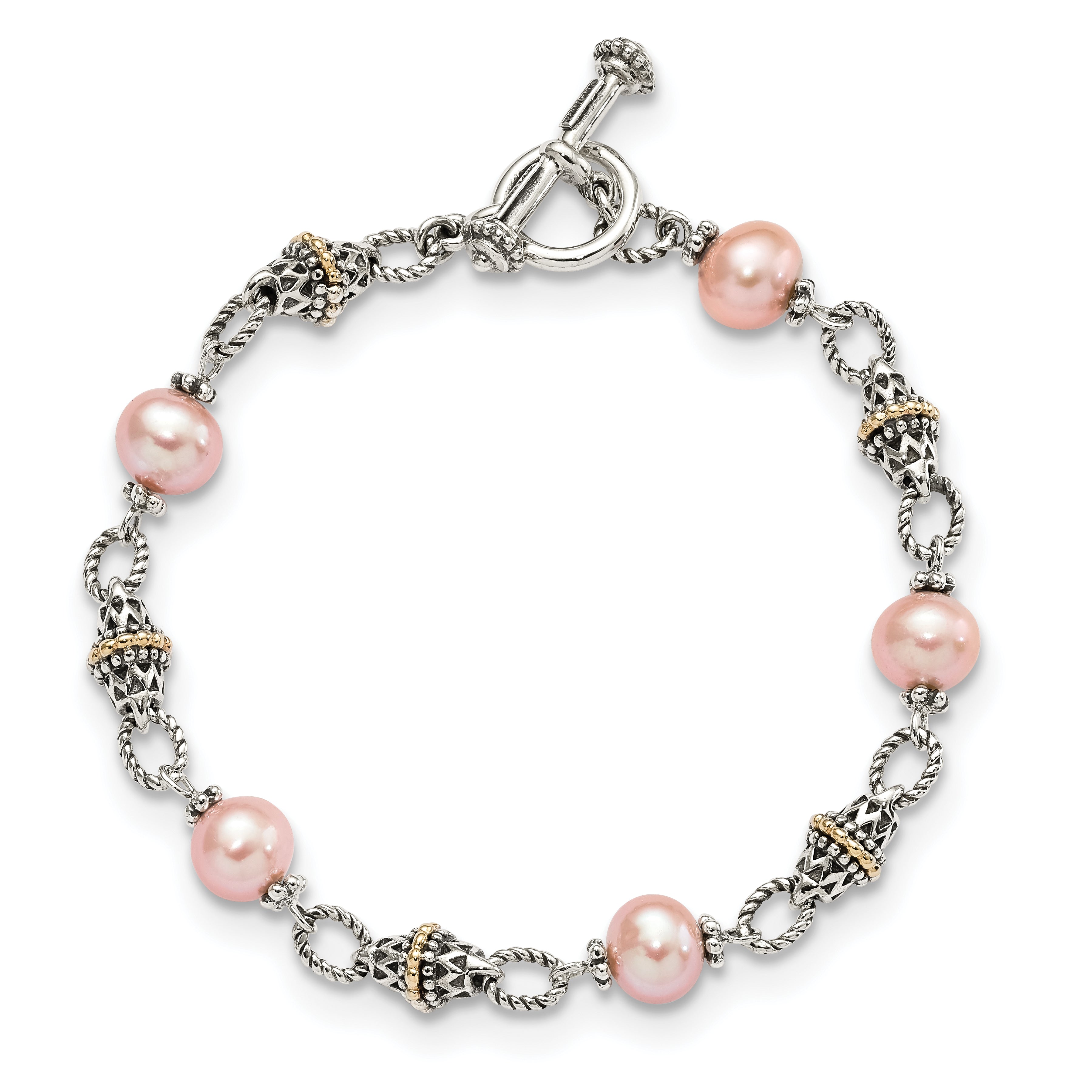Shey Couture Sterling Silver with 14K Accent 7.5 Inch Antiqued 9-10mm Freshwater Cultured Pink Pearl Bracelet - 7.5