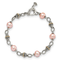 Shey Couture Sterling Silver with 14K Accent 7.5 Inch Antiqued 9-10mm Freshwater Cultured Pink Pearl Bracelet - 7.5