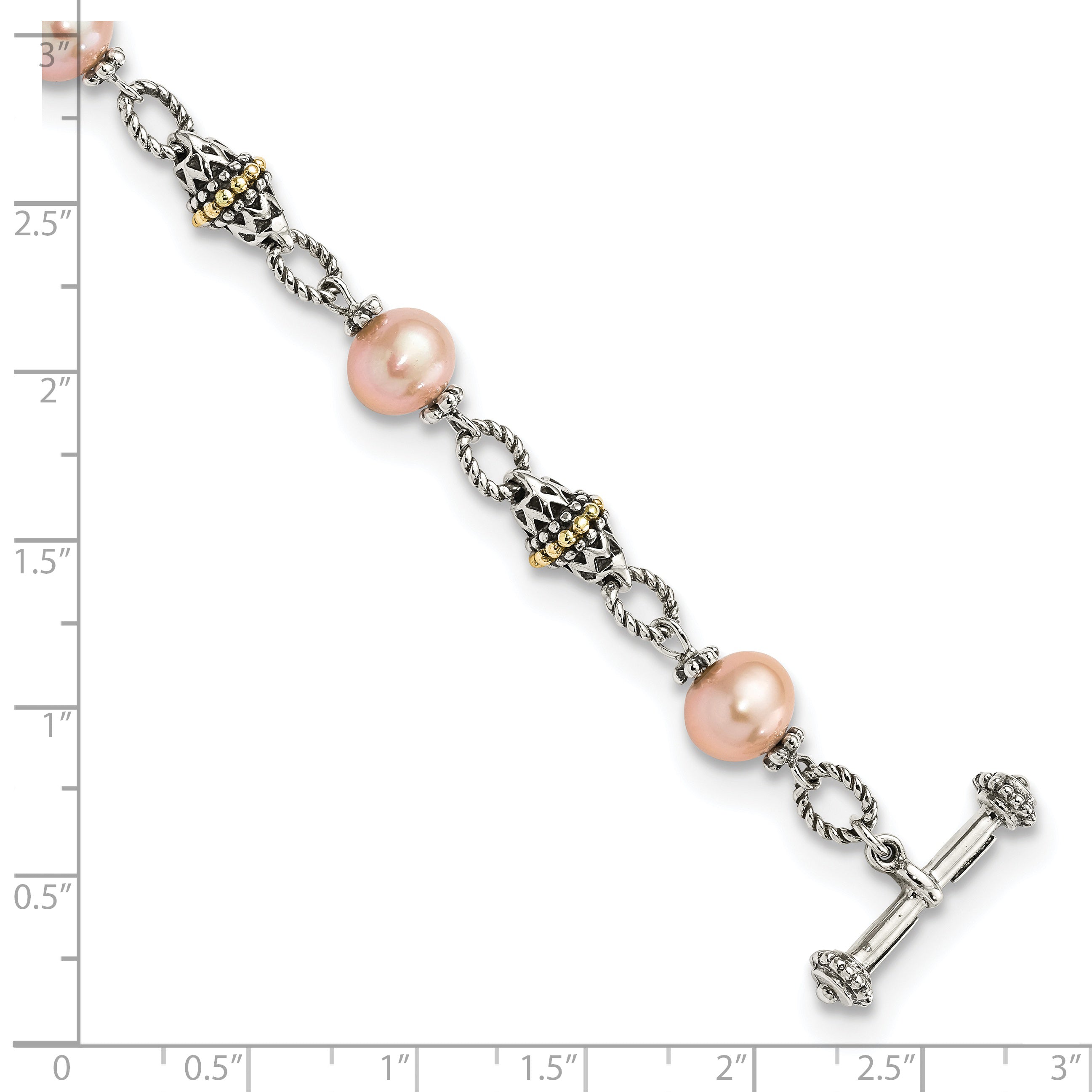 Shey Couture Sterling Silver with 14K Accent 7.5 Inch Antiqued 9-10mm Freshwater Cultured Pink Pearl Bracelet - 7.5