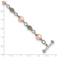 Shey Couture Sterling Silver with 14K Accent 7.5 Inch Antiqued 9-10mm Freshwater Cultured Pink Pearl Bracelet - 7.5