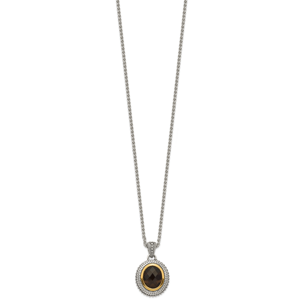 Shey Couture Sterling Silver with 14K Accent 18 Inch Antiqued Oval Bezel Smoky Quartz Necklace