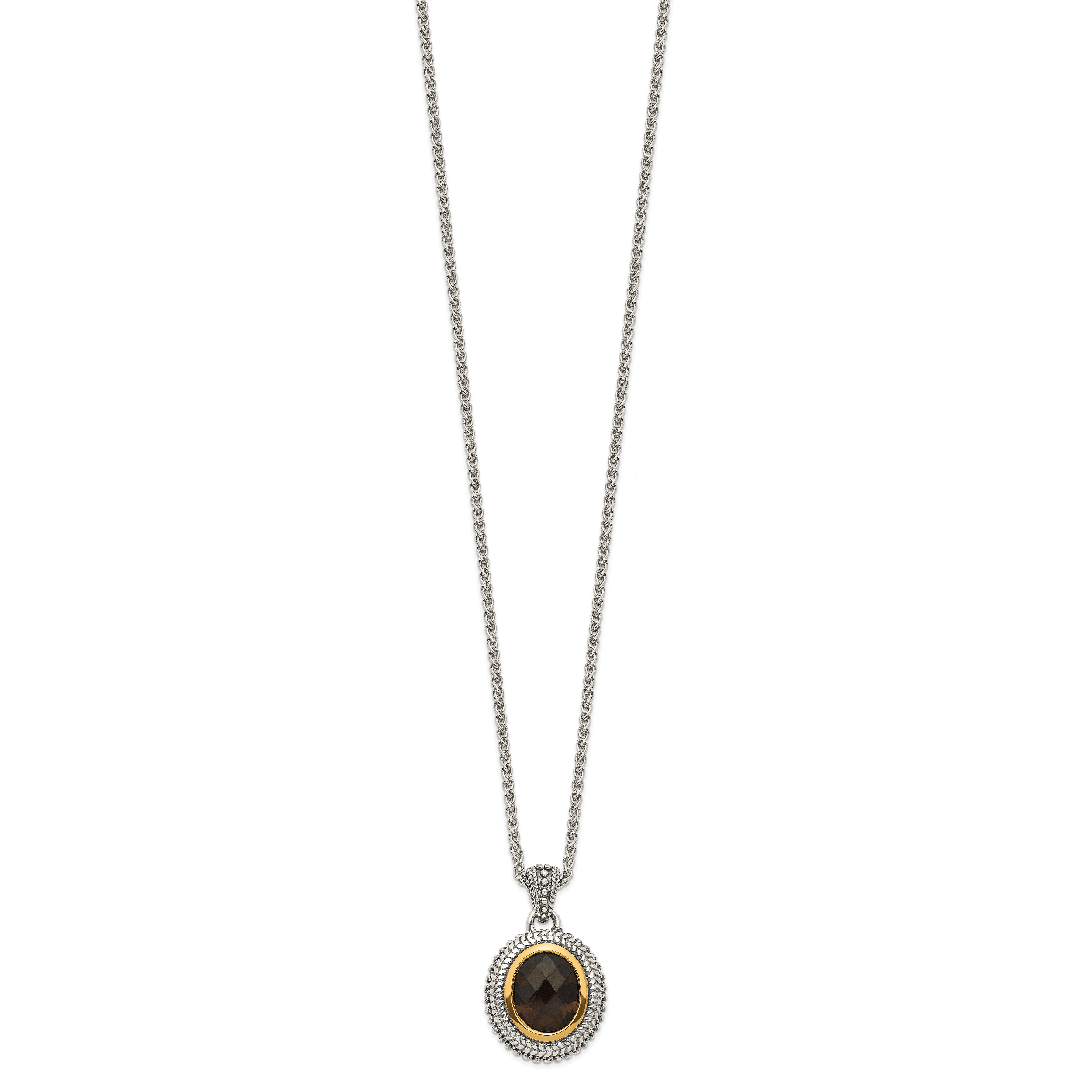 Shey Couture Sterling Silver with 14K Accent 18 Inch Antiqued Oval Bezel Smoky Quartz Necklace