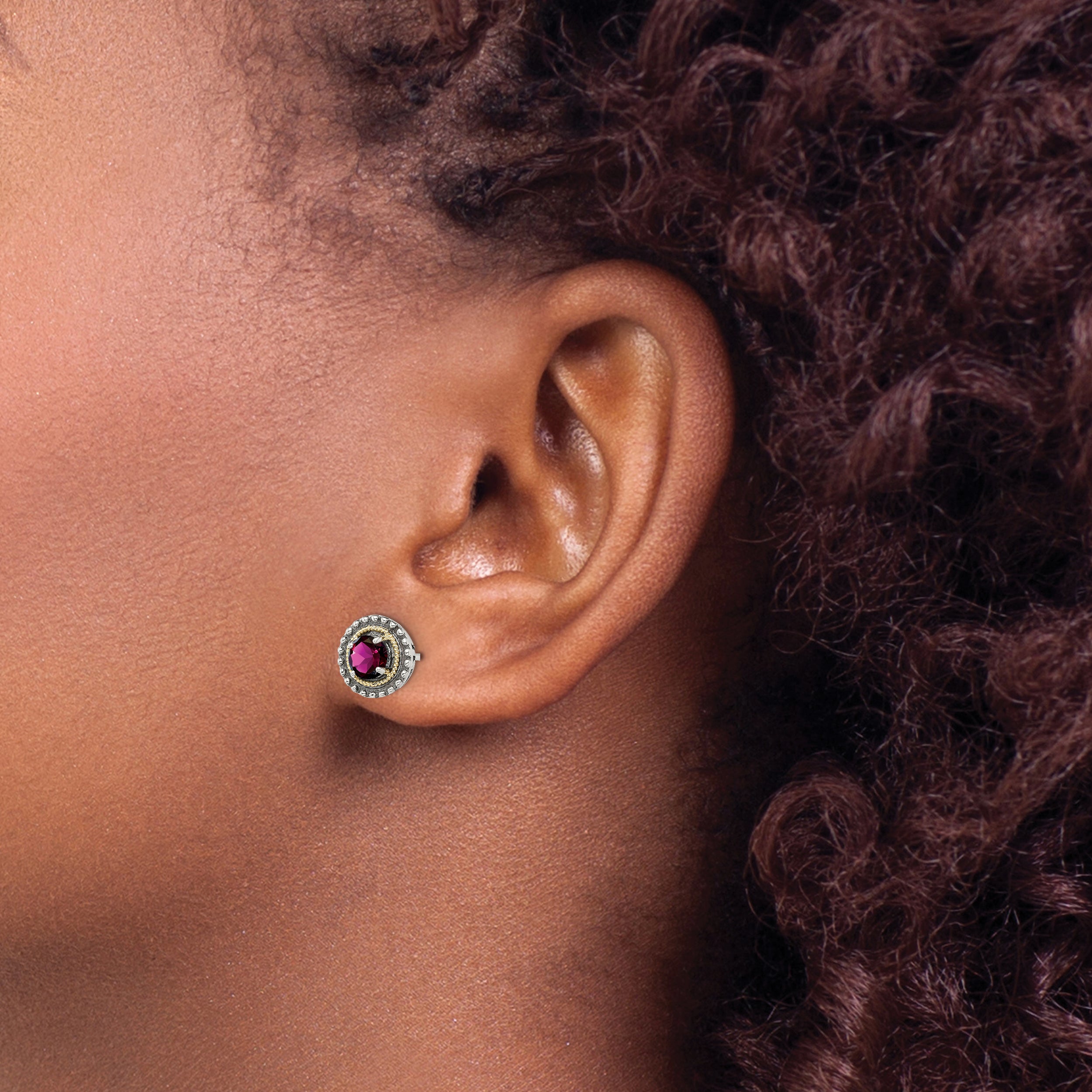 Shey Couture Sterling Silver with 14K Accent Antiqued Round Rhodolite Garnet Post Earrings