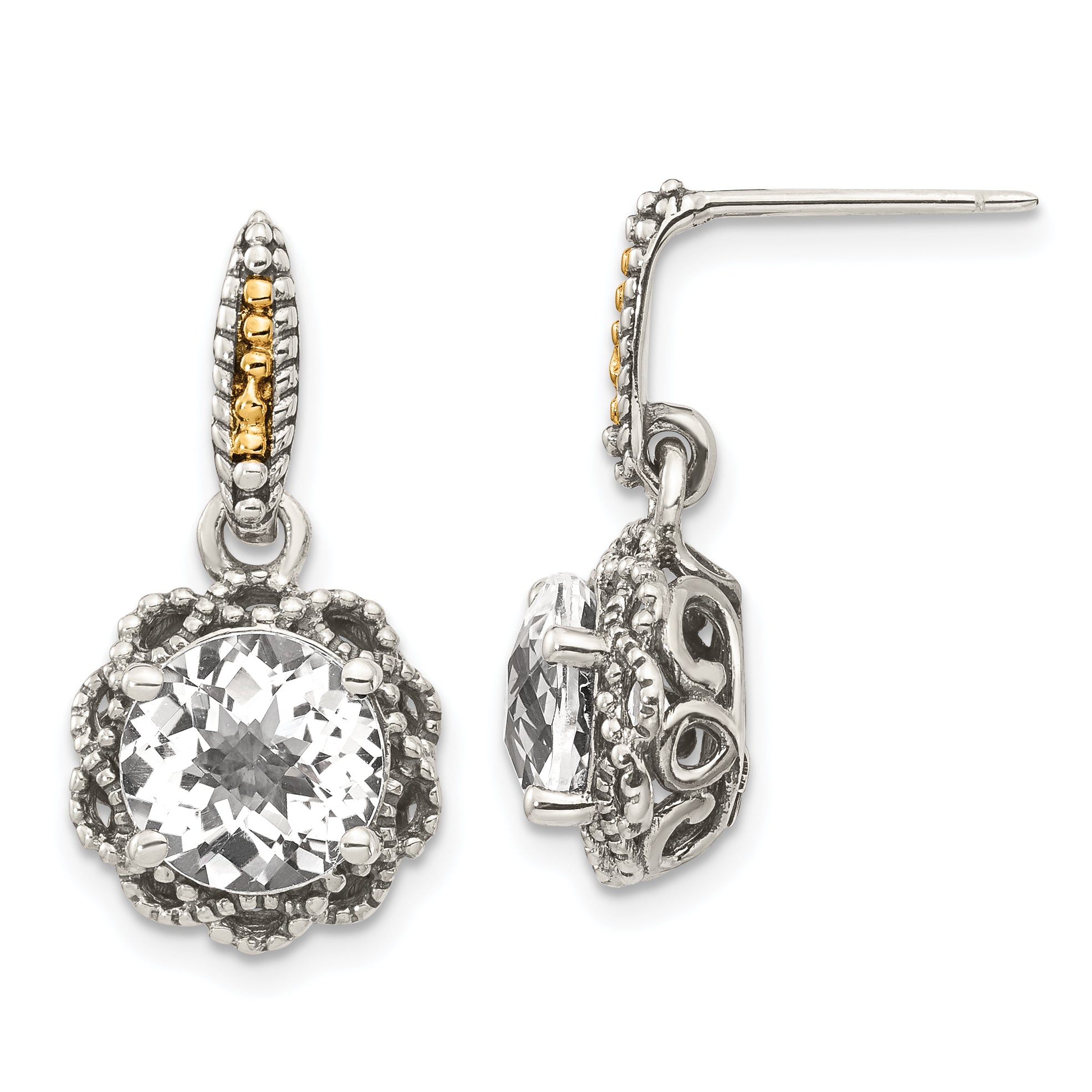 Shey Couture Sterling Silver with 14K Accent Antiqued Round White Topaz Dangle Post Earrings Main image