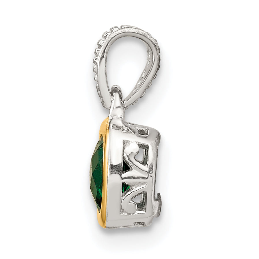 Shey Couture Sterling Silver Rhodium-plated with 14k Accent Polished Cushion-cut Created Emerald Pendant