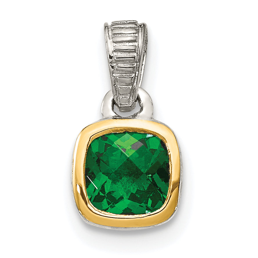 Shey Couture Sterling Silver Rhodium-plated with 14k Accent Polished Cushion-cut Created Emerald Pendant Main image
