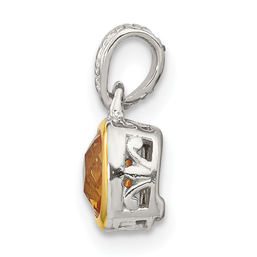 Shey Couture Sterling Silver Rhodium-plated with 14k Accent Polished Cushion-cut Citrine Pendant