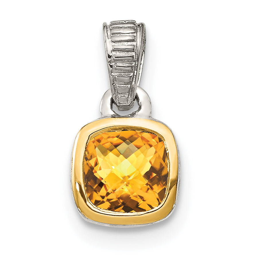 Shey Couture Sterling Silver Rhodium-plated with 14k Accent Polished Cushion-cut Citrine Pendant