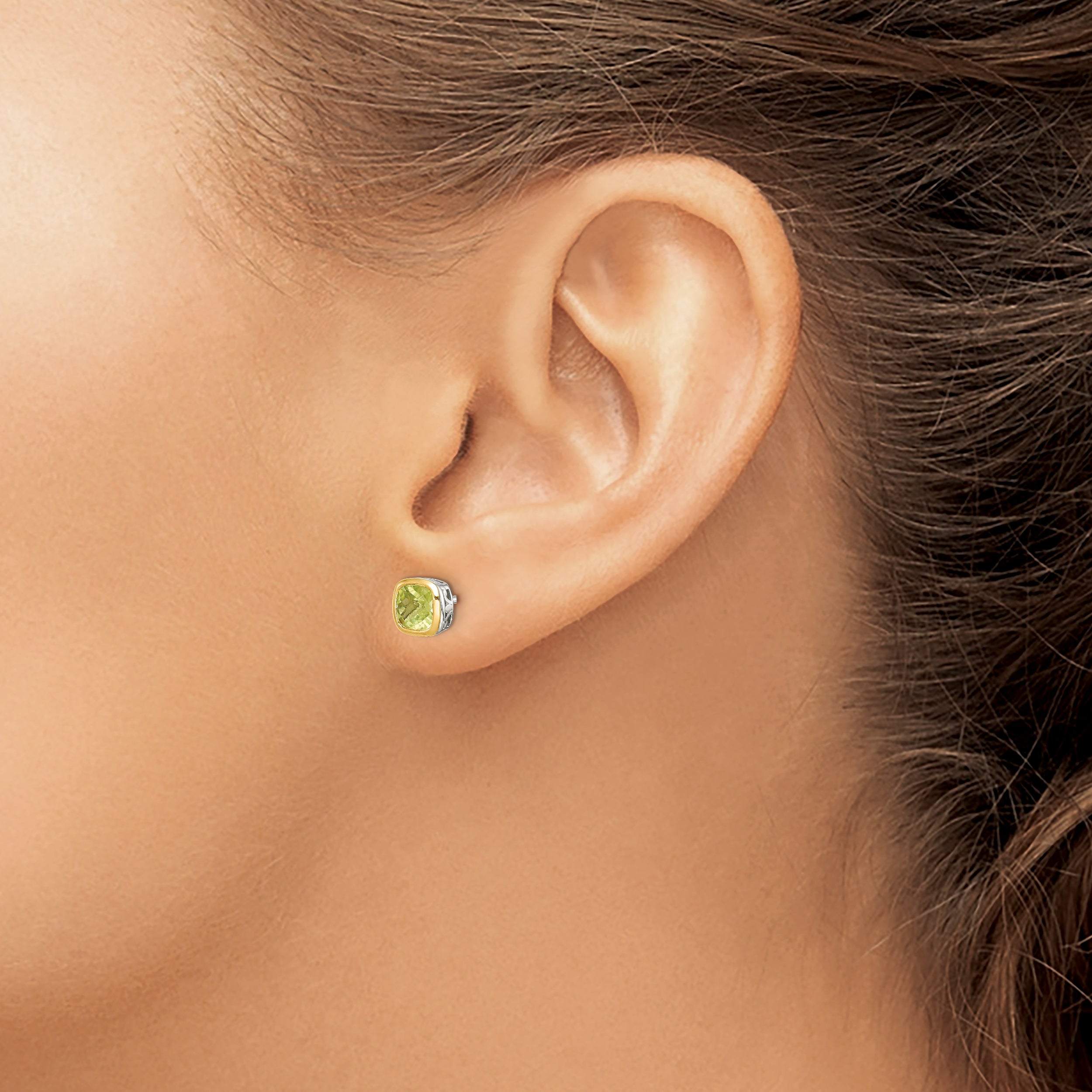 Shey Couture Sterling Silver Rhodium-plated with 14k Accent Peridot Square Stud Earrings