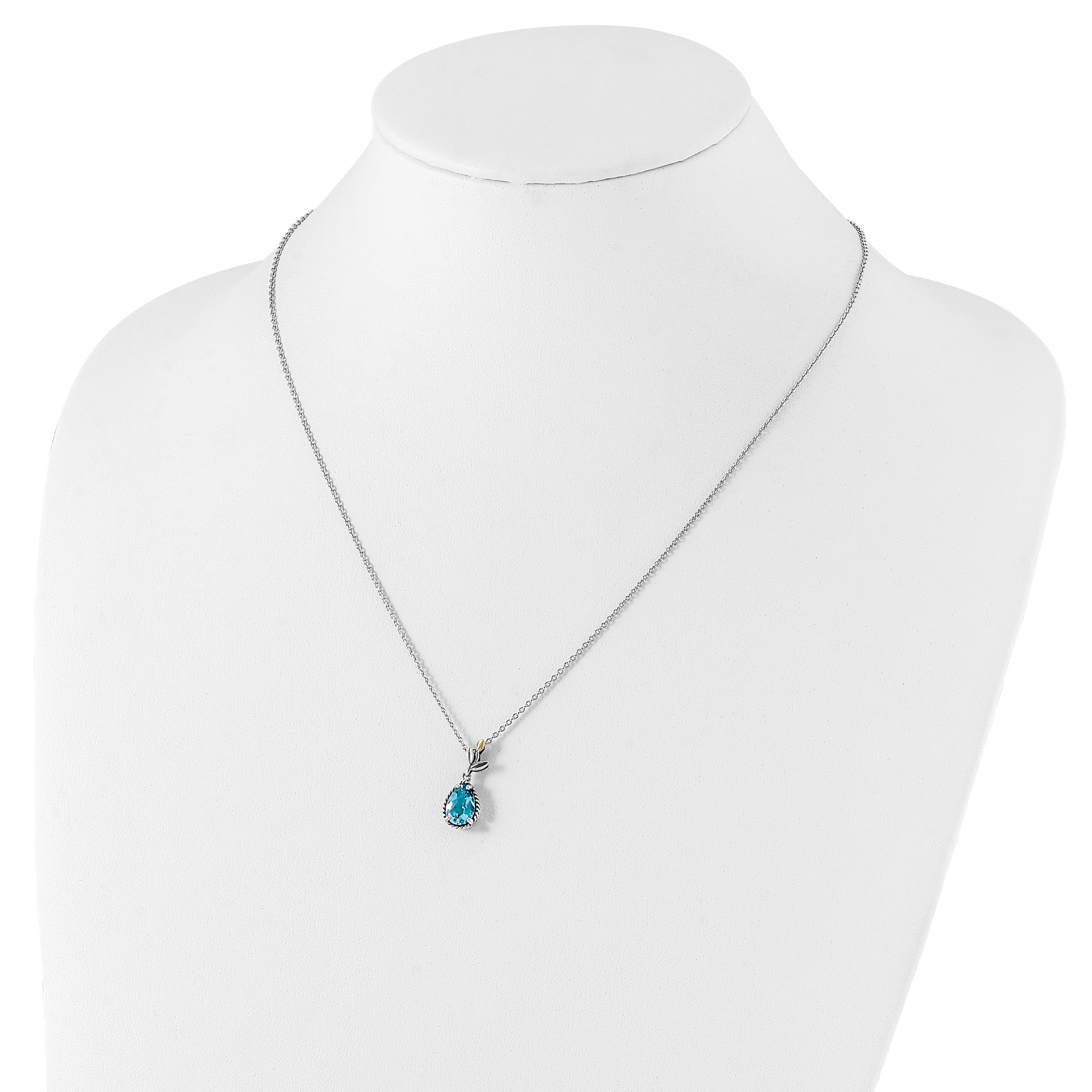 Shey Couture Sterling Silver with 14K Accent 18 Inch Leaves with Pear Shape Checkerboard Blue Topaz Necklace with 2 Inch Extender