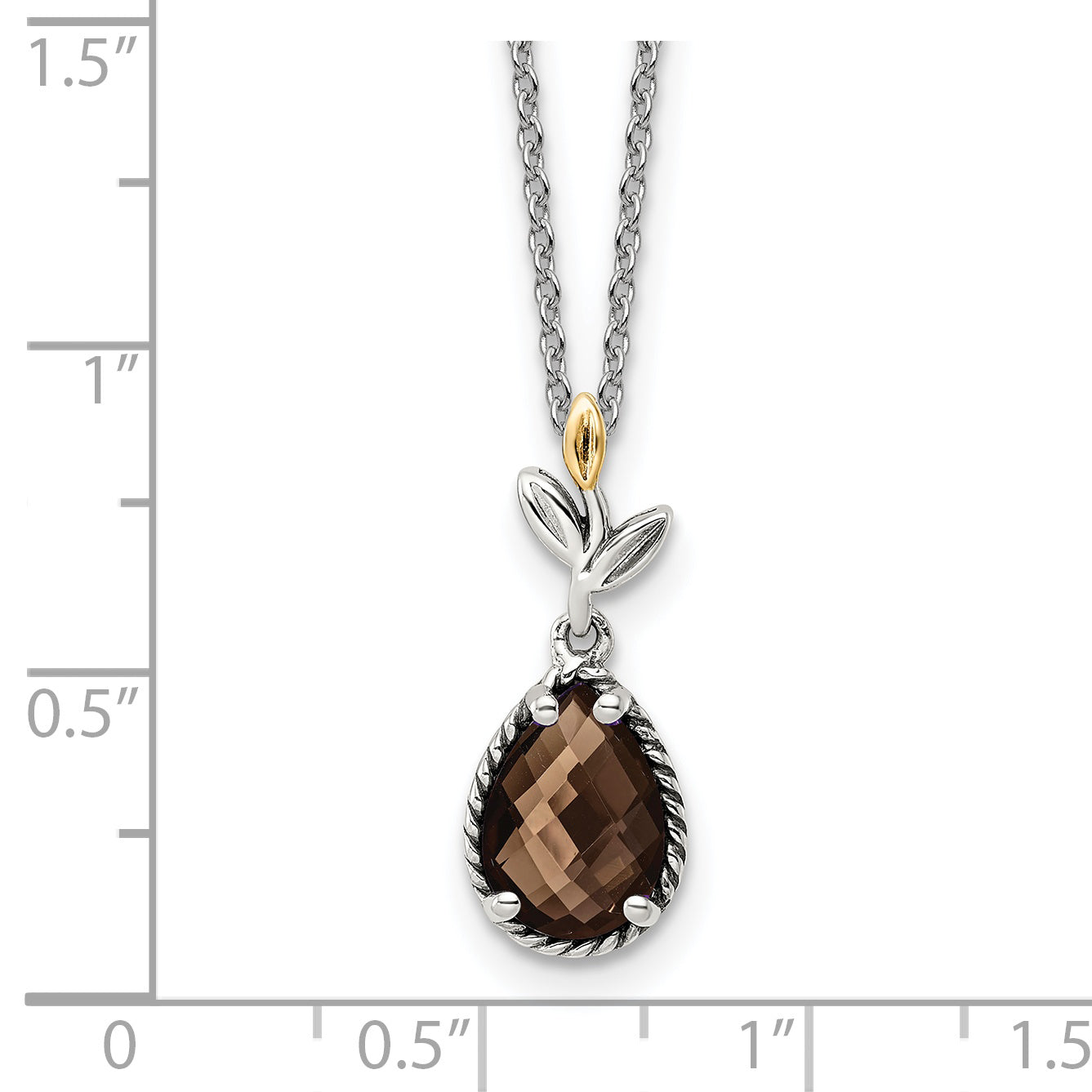 Shey Couture Sterling Silver with 14K Accent 18 Inch Leaves with Pear Shaped Checkerboard Smoky Quartz Necklace with 2 Inch Extender