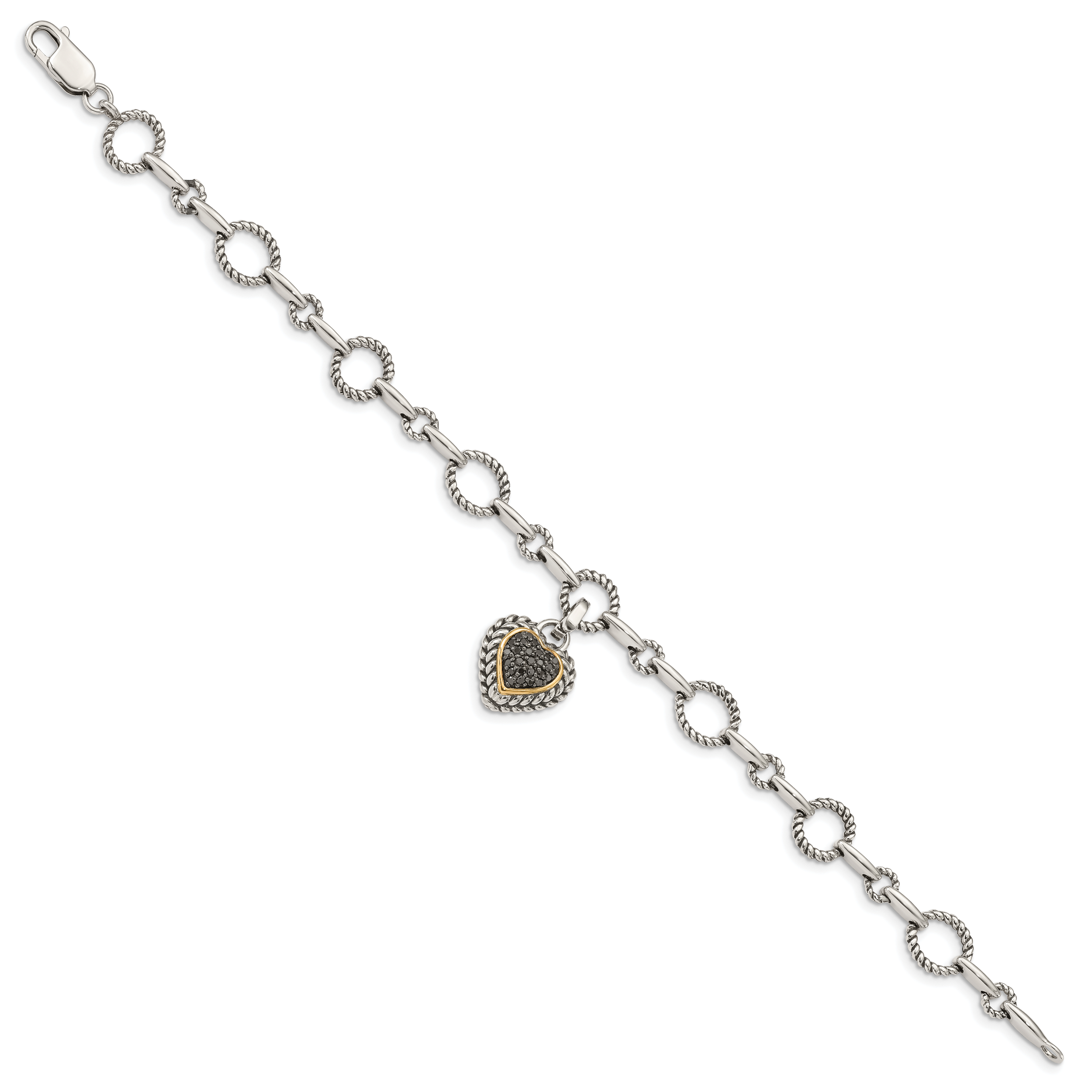 Shey Couture Sterling Silver with 14K Accent 8 Inch Antiqued Black Diamond Heart Link Bracelet Secondary image