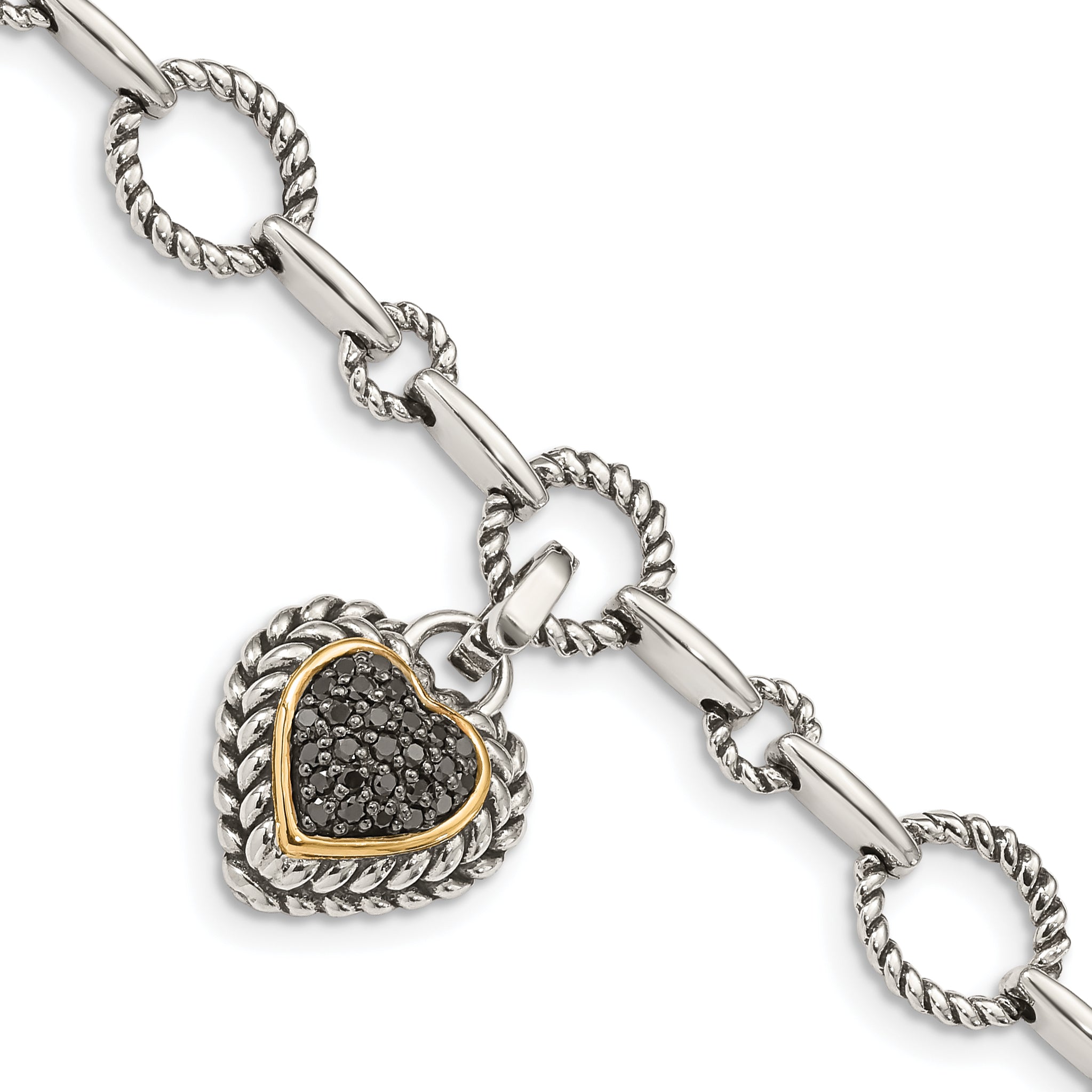 Shey Couture Sterling Silver with 14K Accent 8 Inch Antiqued Black Diamond Heart Link Bracelet Main image