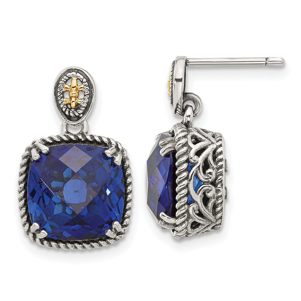 Shey Couture Sterling Silver Antiqued with 14k Accent Lab Created Checkerboard Sapphire Drop Post Earrings