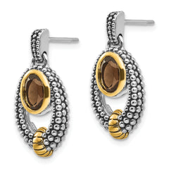 Sterling Silver Gold-Plated Smoky Quartz Bezel Dangle Earrings Vintage Elegance