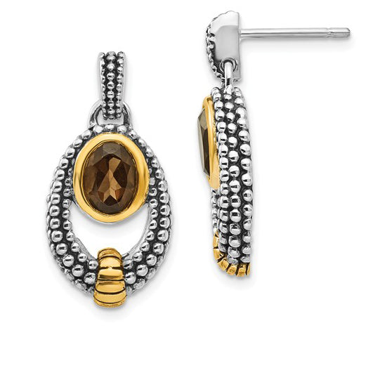 Shey Couture Sterling Silver Gold-tone Flash Gold-plated Antiqued Oval Bezel Smoky Quartz Post Dangle Earrings Main image
