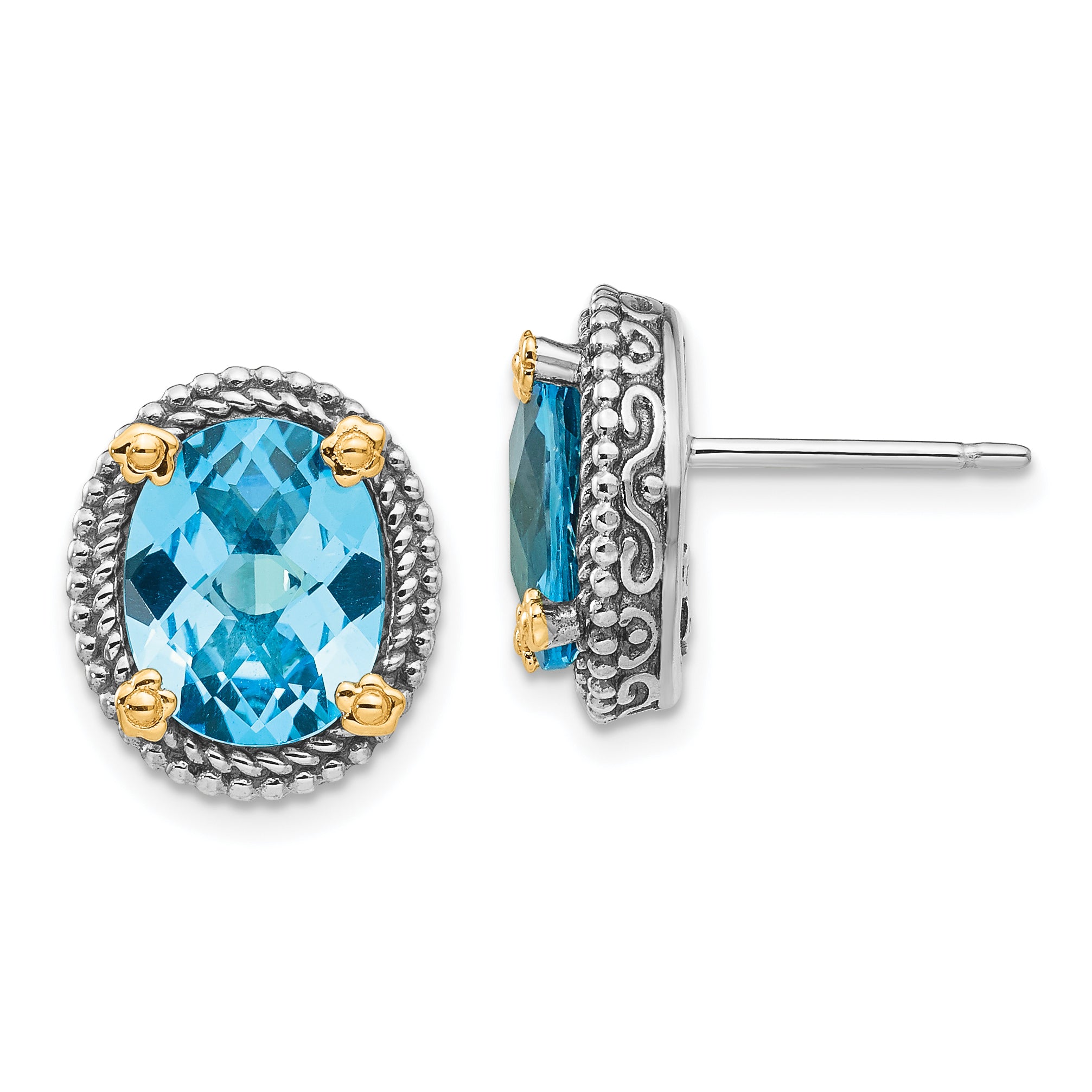 Shey Couture Sterling Silver with 14K Accent Antiqued Oval Swiss Blue Topaz Post Earrings Main image