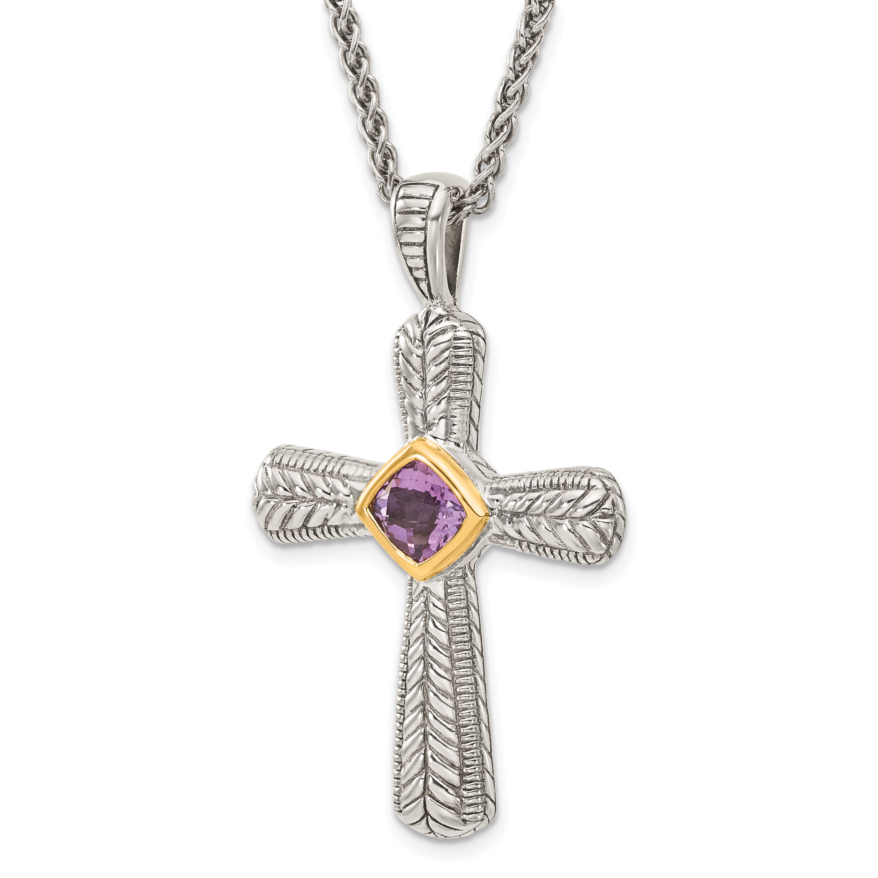 Shey Couture Sterling Silver with 14K Accent 18 Inch Antiqued Cushion Bezel Amethyst Cross Necklace