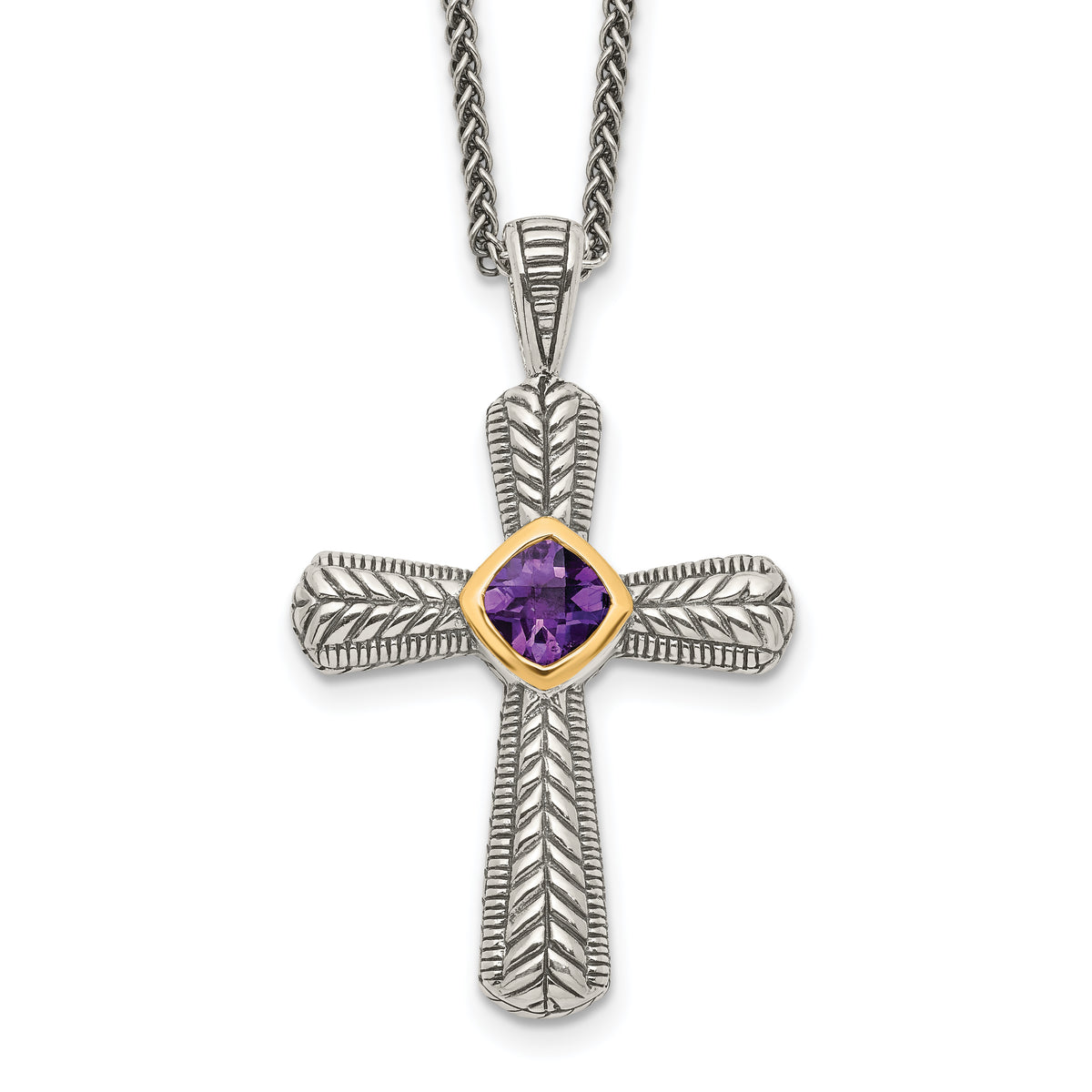 Shey Couture Sterling Silver with 14K Accent 18 Inch Antiqued Cushion Bezel Amethyst Cross Necklace
