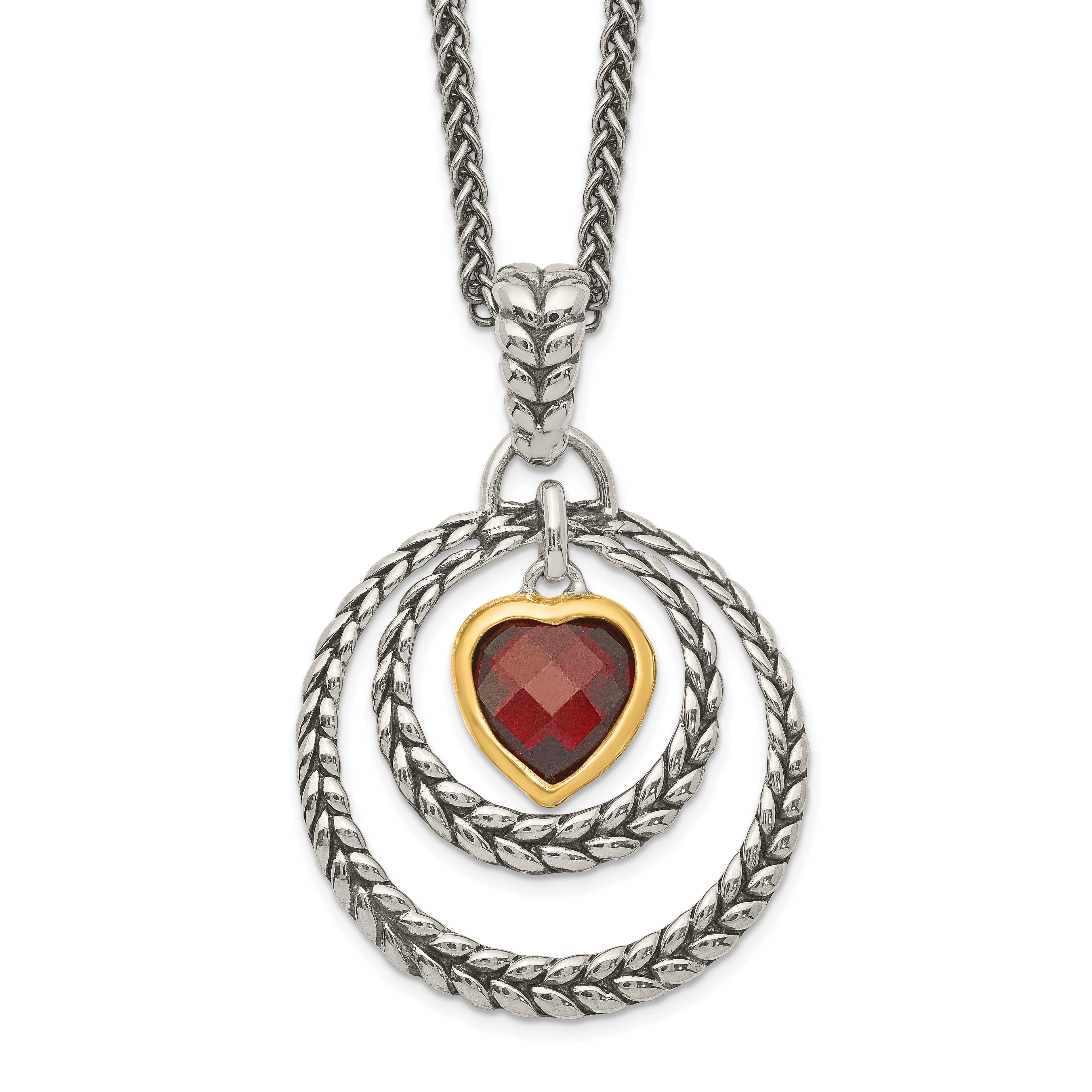 Shey Couture Sterling Silver Gold-tone Flash Gold-plated 18 Inch Antiqued Checkerboard Garnet Heart Necklace Main image