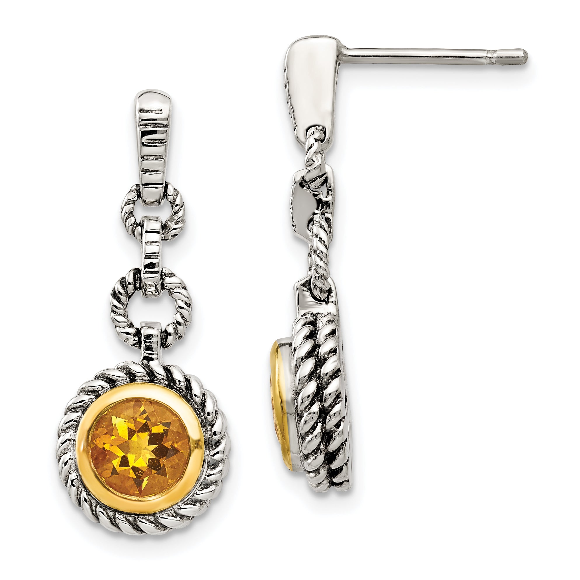 Shey Couture Sterling Silver Gold-tone Flash Gold-plated Antiqued Round Bezel Citrine Post Dangle Earrings Main image