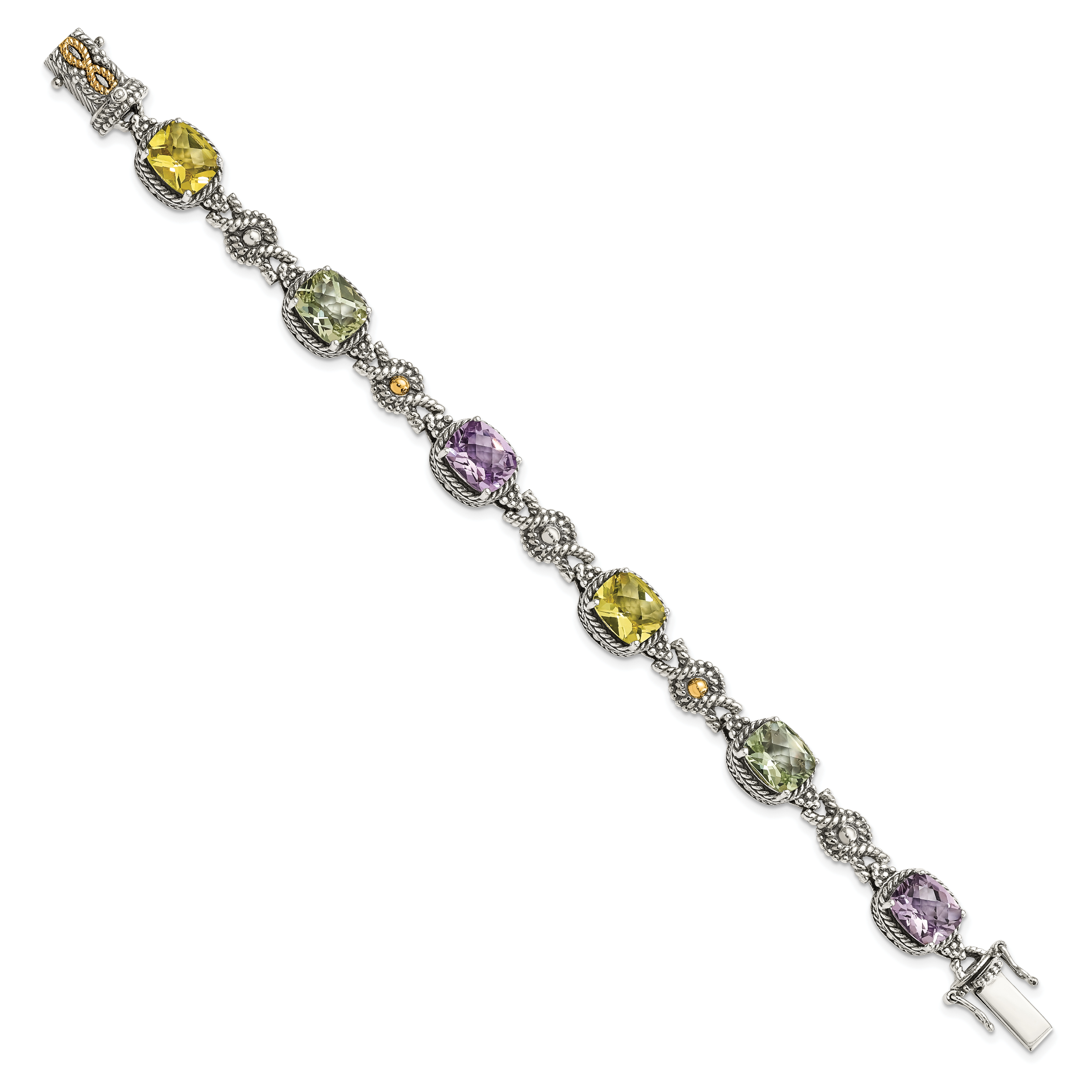 Shey Couture Sterling Silver with 14K Accent 7.25 Inch Antiqued Cushion 4.4Pink Quartz/4.4Green Quartz/4.4Lemon Quartz Bracelet Secondary image