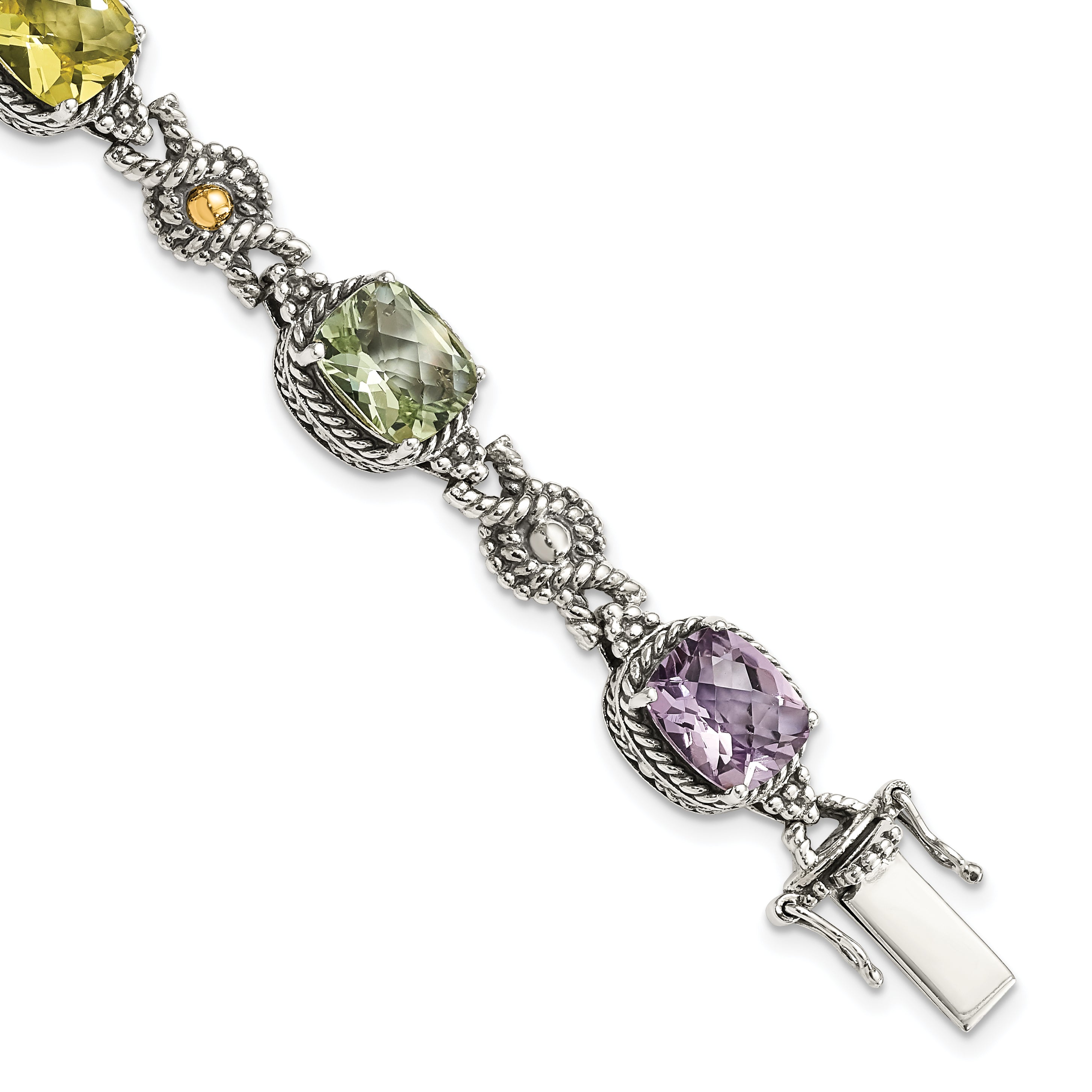 Shey Couture Sterling Silver with 14K Accent 7.25 Inch Antiqued Cushion 4.4Pink Quartz/4.4Green Quartz/4.4Lemon Quartz Bracelet Main image