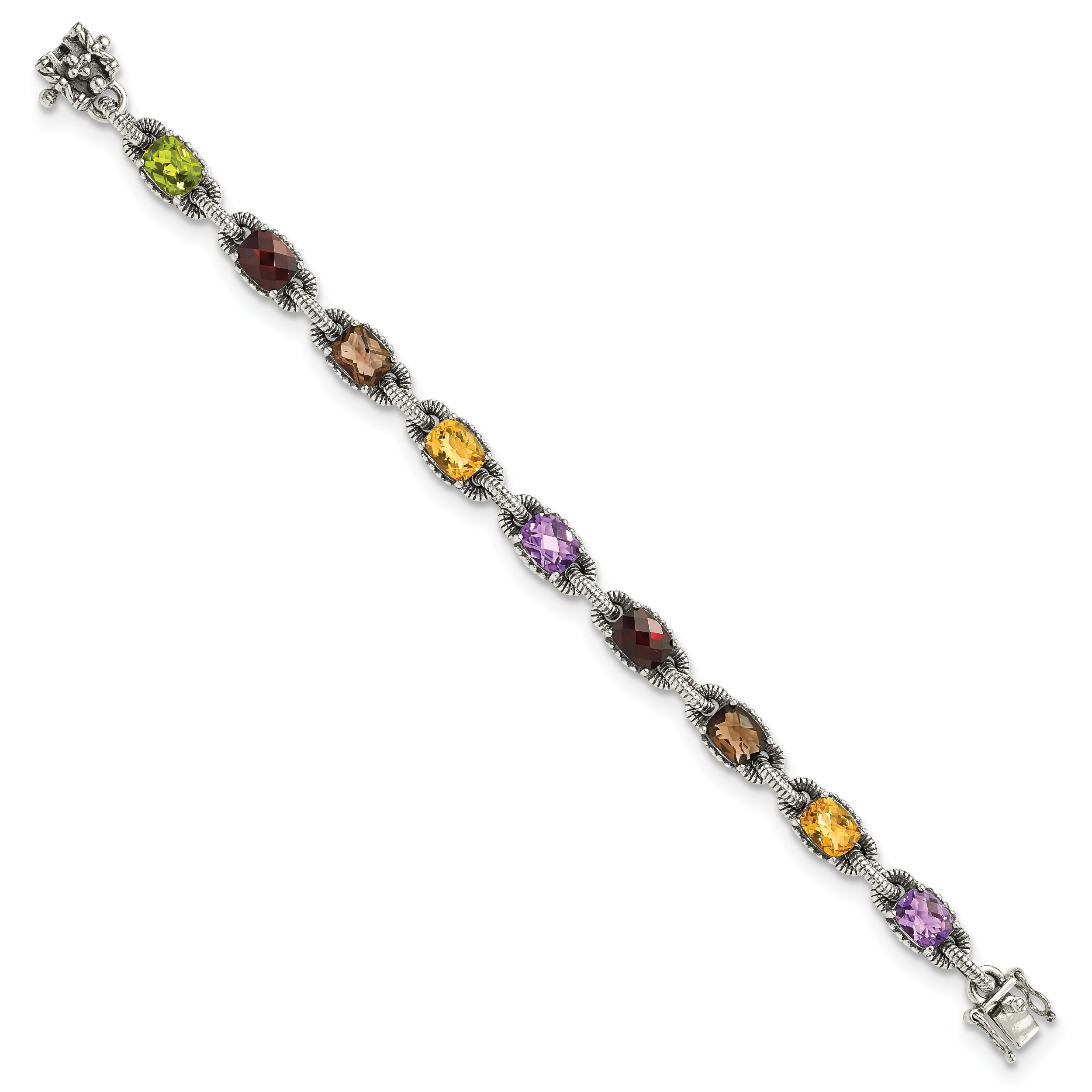 Shey Couture Sterling Silver 7.25 Inch Antiqued Cushion .86Amethyst/.86Citrine/1.10Garnet/.55Peridot/.86Smoky Quartz Bracelet