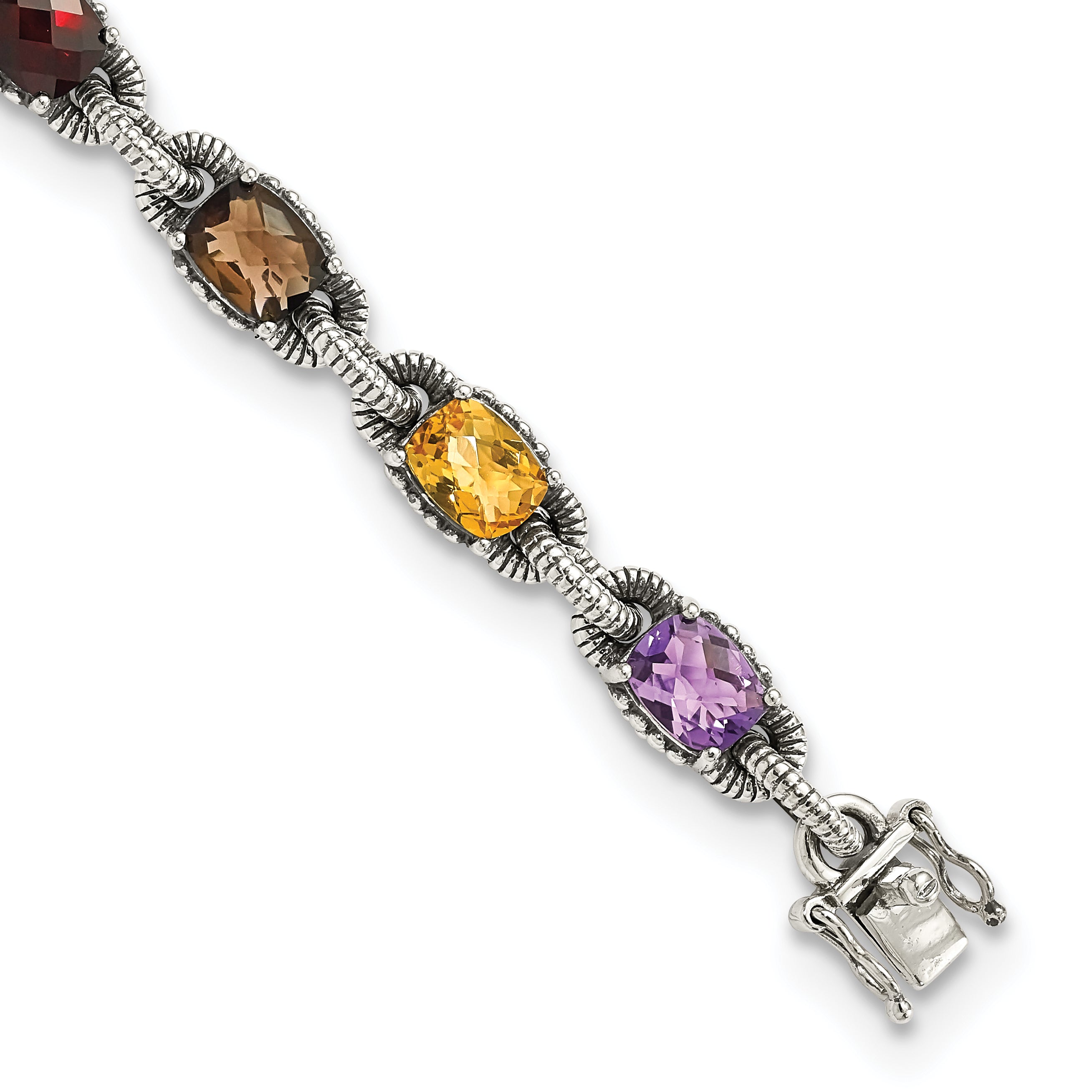 Shey Couture Sterling Silver 7.25 Inch Antiqued Cushion .86Amethyst/.86Citrine/1.10Garnet/.55Peridot/.86Smoky Quartz Bracelet Main image