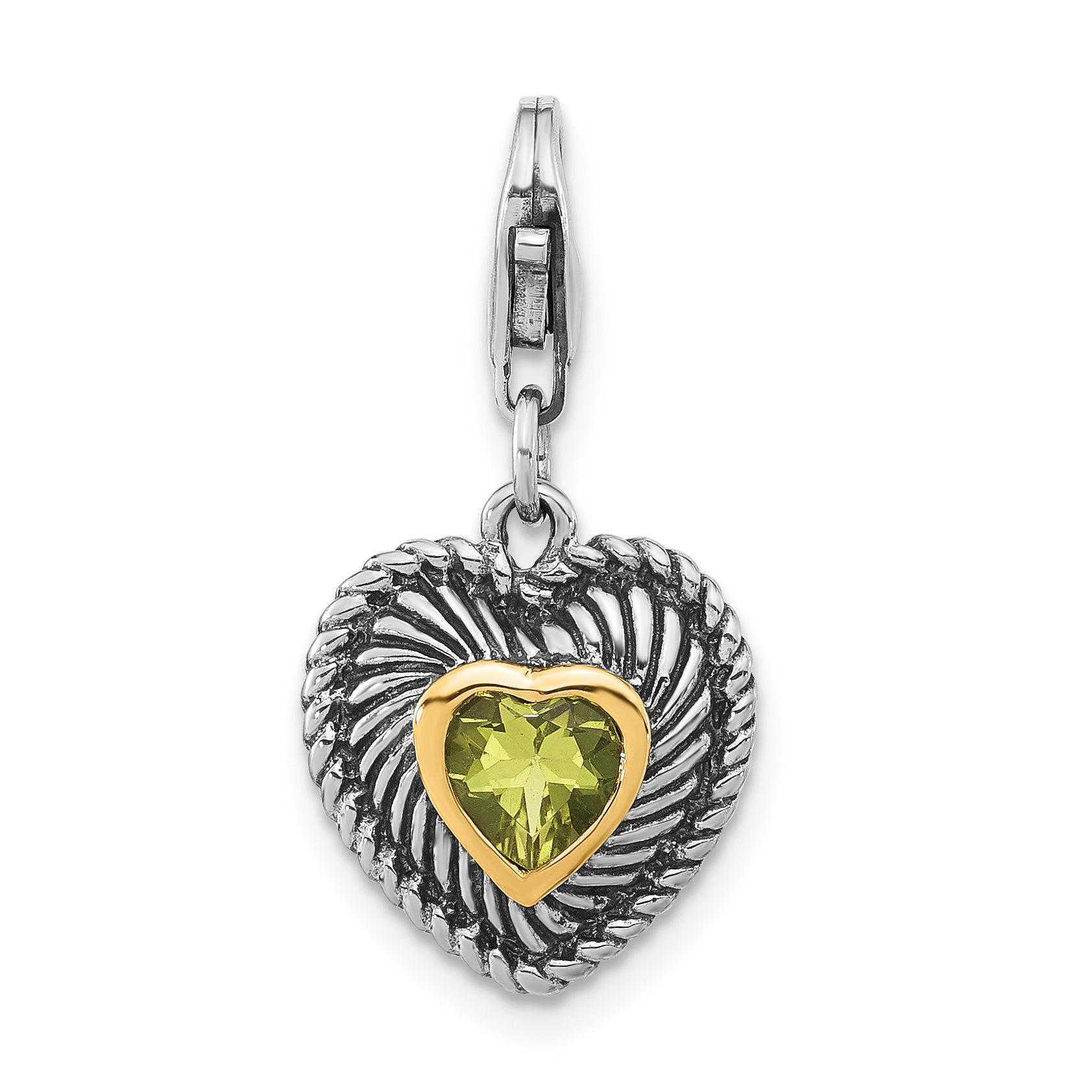Sterling Silver w/14k Accent Polished & Antiqued Lemon Quartz Heart w/ Lobster Clasp Charm Main image