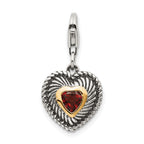 Shey Couture Sterling Silver with 14K Accent Antiqued Heart Shaped Garnet with Lobster Clasp Heart Charm