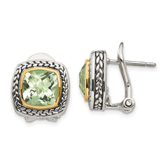 Shey Couture Sterling Silver with 14K Accent Antiqued Cushion Bezel Green Quartz Omega Back Earrings