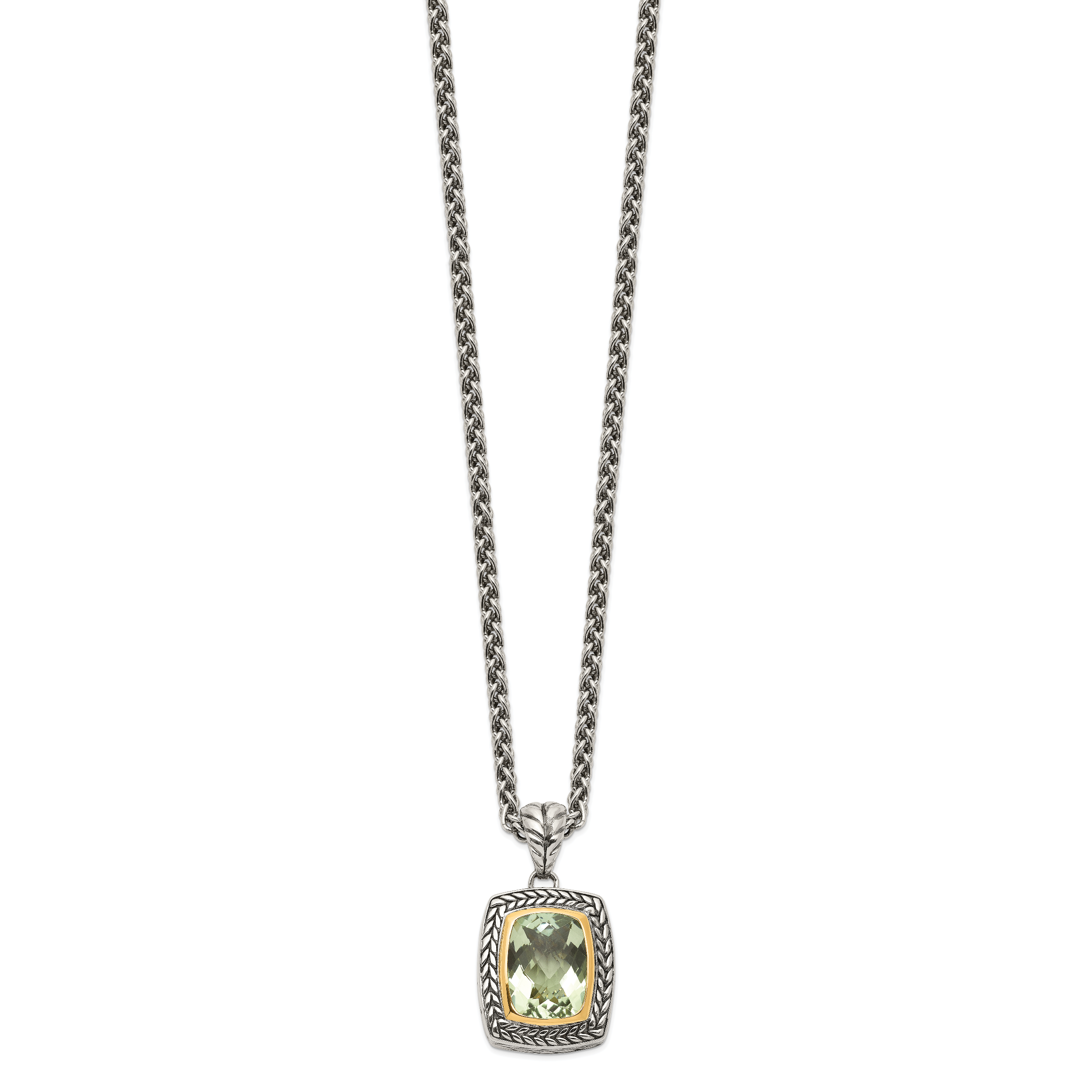 Shey Couture Sterling Silver with 14K Accent 18 Inch Antiqued Cushion Bezel Green Quartz Necklace