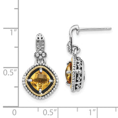 Shey Couture Sterling Silver with 14K Accent Antiqued Cushion Citrine Dangle Post Earrings