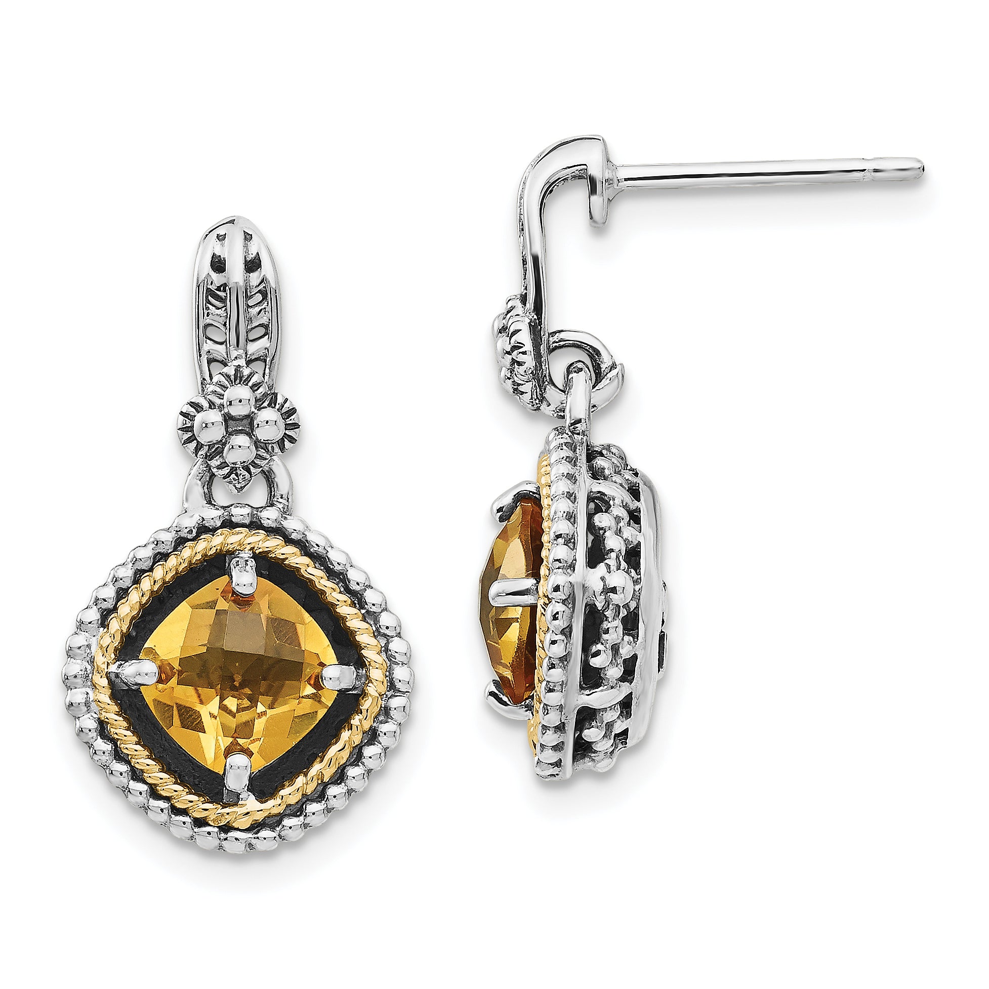 Shey Couture Sterling Silver with 14K Accent Antiqued Cushion Citrine Dangle Post Earrings