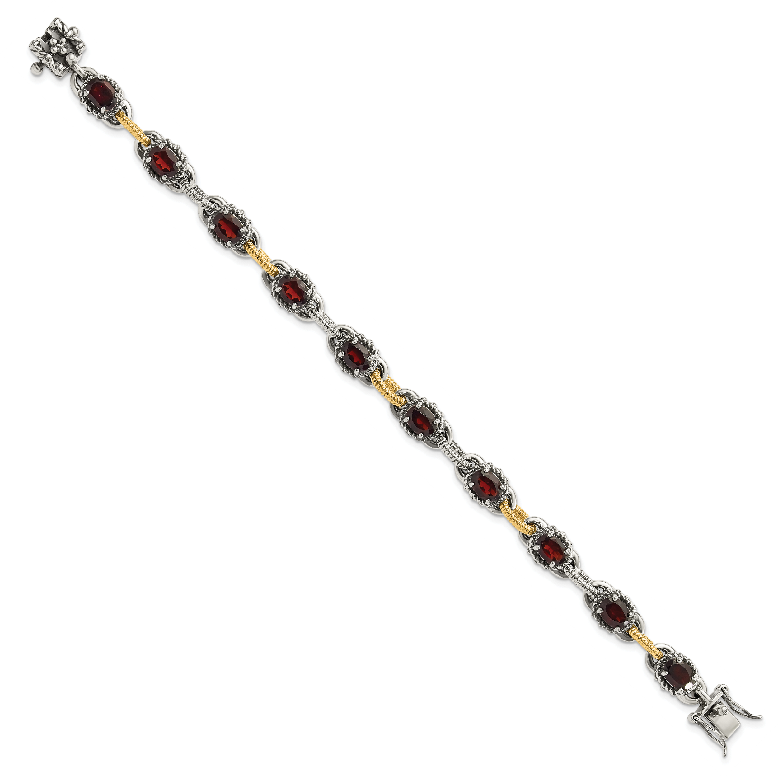 Sterling Silver w/ 14ky Accent Polished & Antiqued Garnet Link Bracelet Secondary image