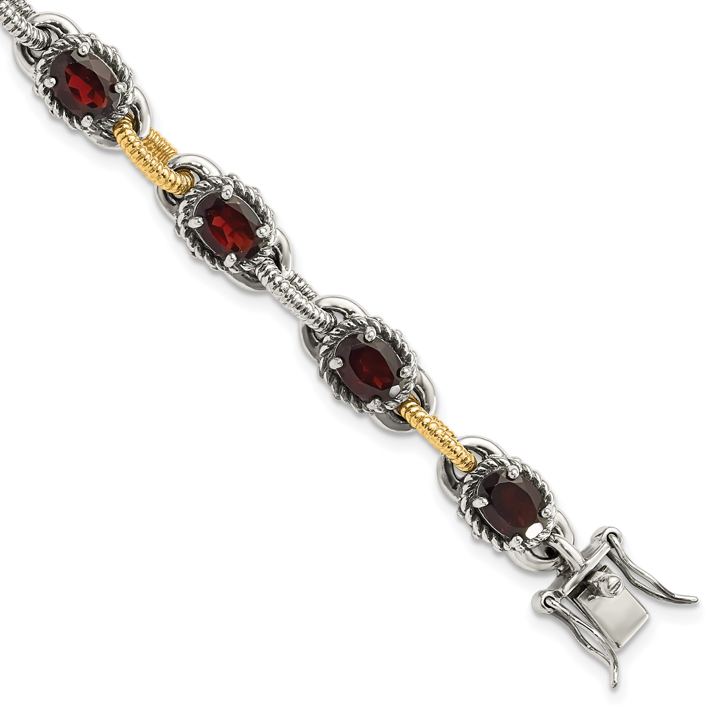 Sterling Silver w/ 14ky Accent Polished & Antiqued Garnet Link Bracelet Main image
