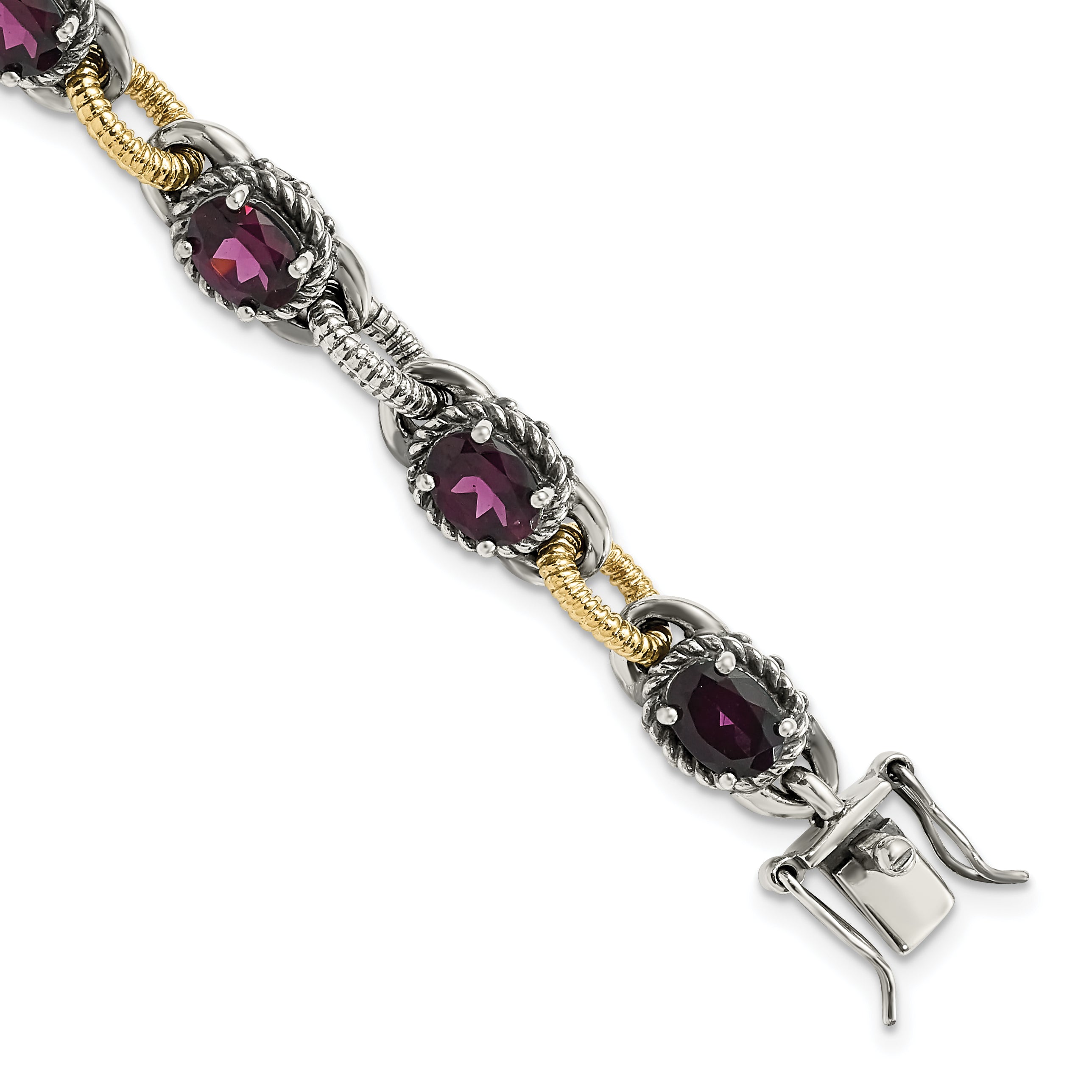 Sterling Silver w/ 14k Accent Antiqued Rhodolite Garnet Link Bracelet Main image