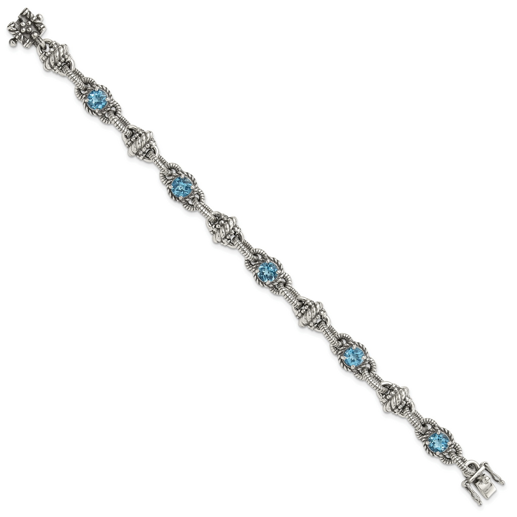 Shey Couture Sterling Silver Antiqued 7.75 Inch Round Swiss Blue Topaz Bracelet