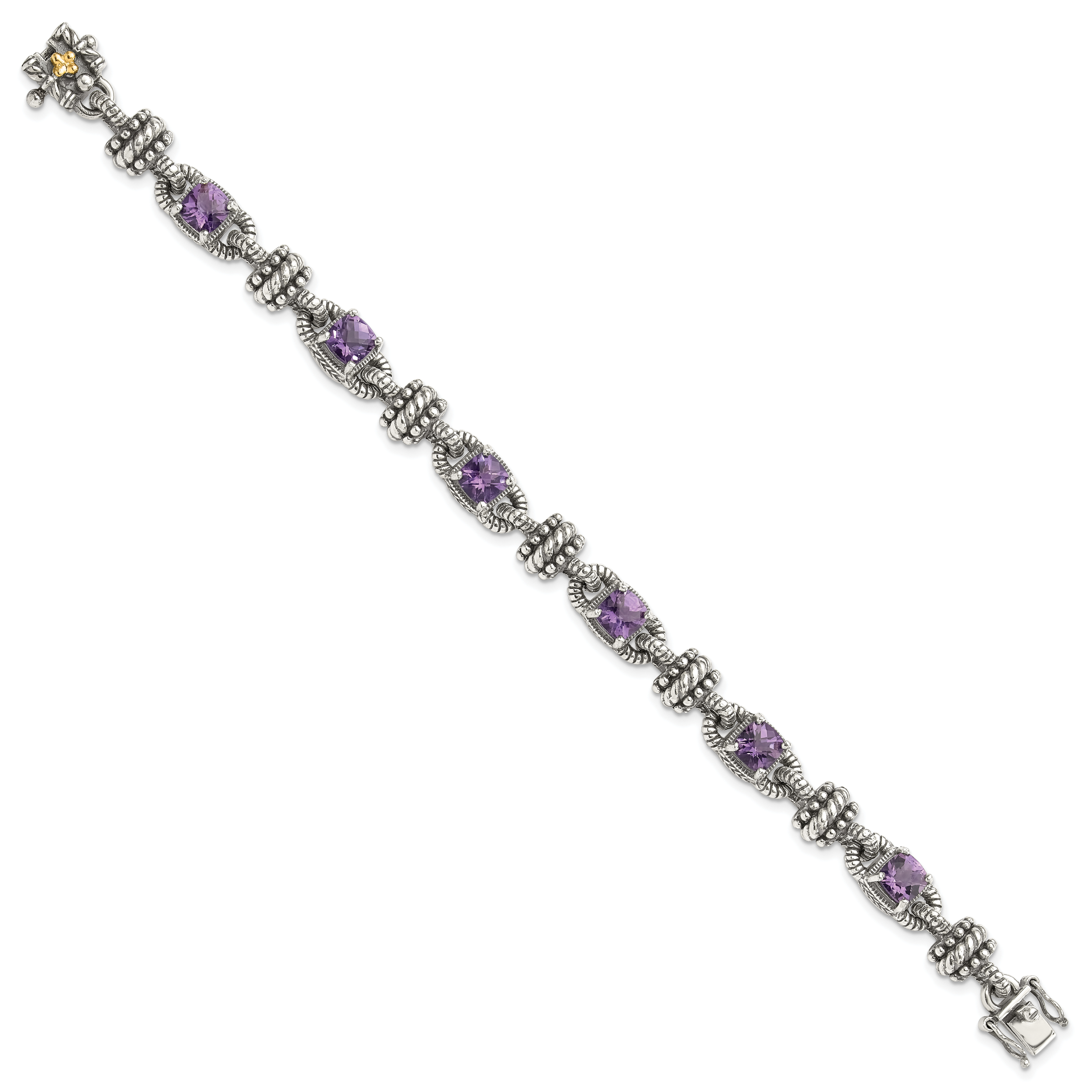Shey Couture Sterling Silver with 14K Accent 7.5 Inch Antiqued Cushion Amethyst Bracelet Secondary image