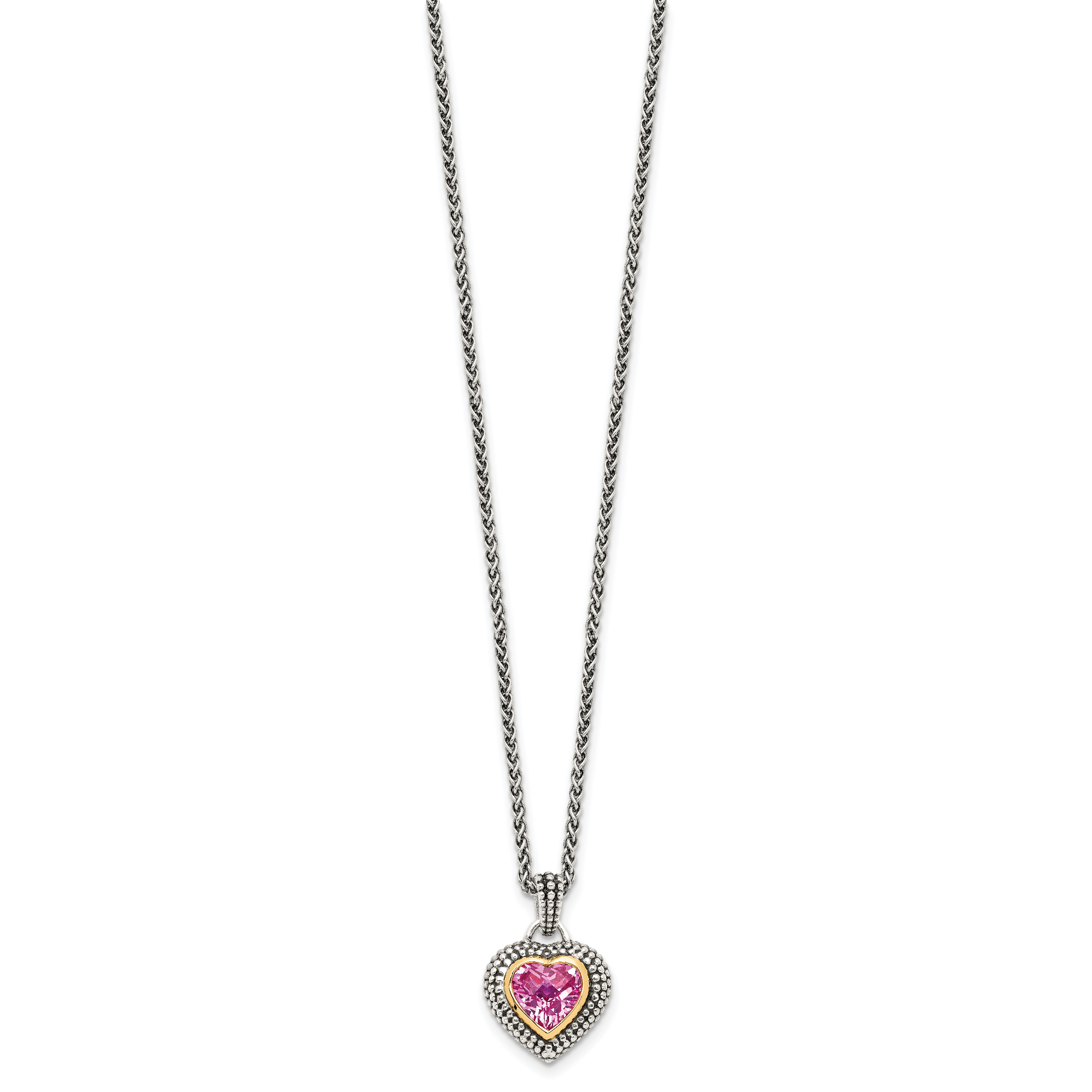 Shey Couture Sterling Silver with 14K Accent 18 Inch Antiqued Heart Bezel Created Pink Sapphire Necklace Secondary image