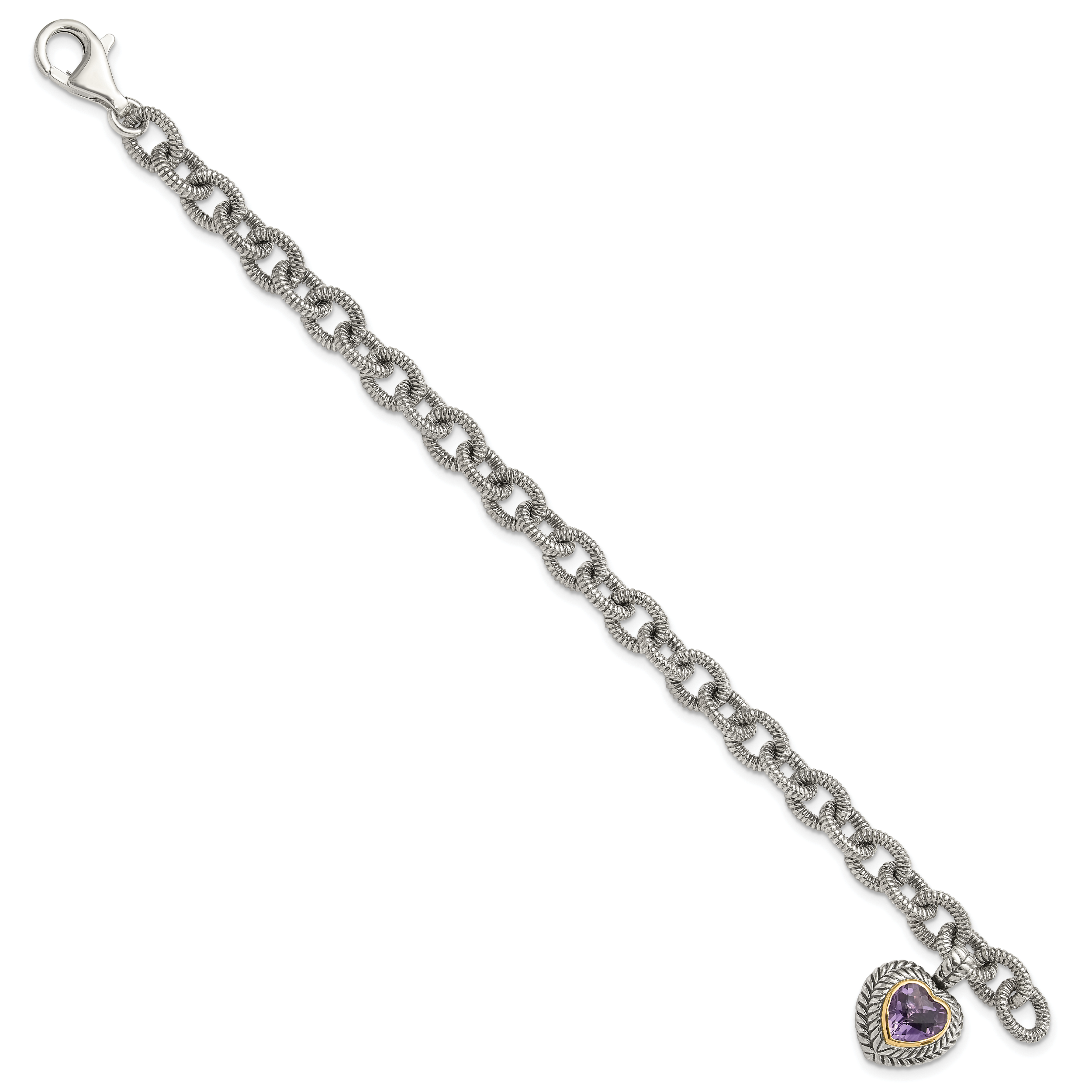 Shey Couture Sterling Silver with 14K Accent 7.5 Inch Antiqued Amethyst Heart Link Bracelet Secondary image