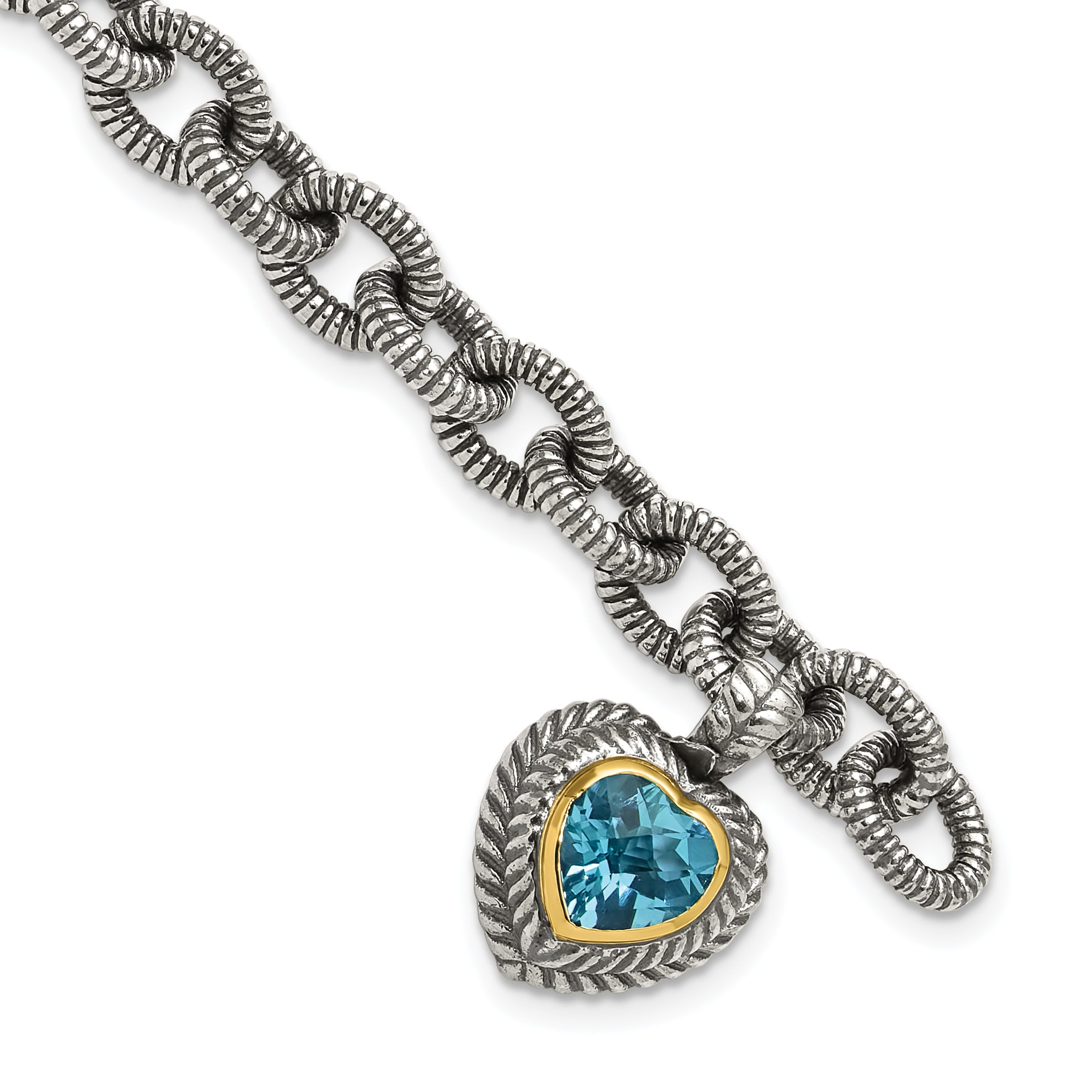 Shey Couture Sterling Silver with 14K Accent 7.5 Inch Antiqued Swiss Blue Topaz Heart Bezel Bracelet Main image