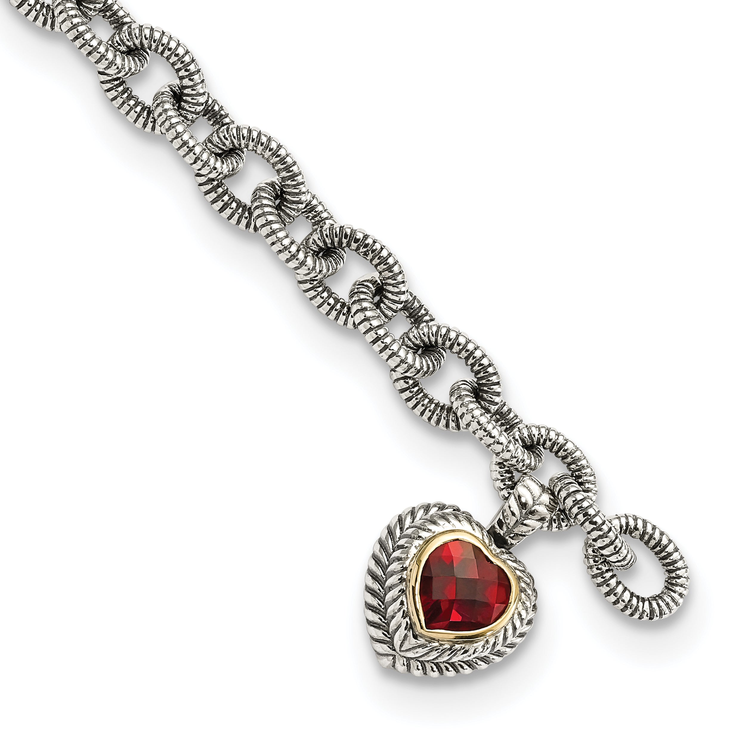 Shey Couture Sterling Silver with 14K Accent 7.25 Inch Antiqued Checkerboard Garnet Heart Link Bracelet Main image